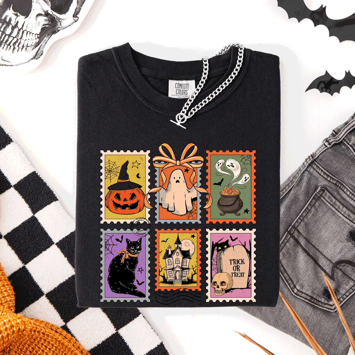 Classic Halloween Ghost Black Cat Pumpkin Witch Spooky Season Comfort Colors Tee Refinery No. 1