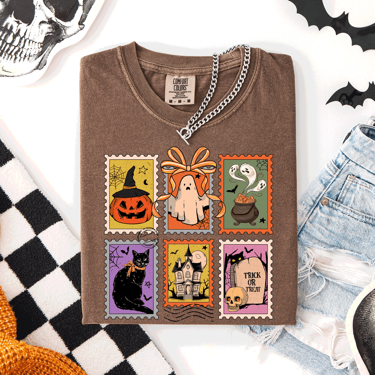 Classic Halloween Ghost Black Cat Pumpkin Witch Spooky Season Comfort Colors Tee Refinery No. 1