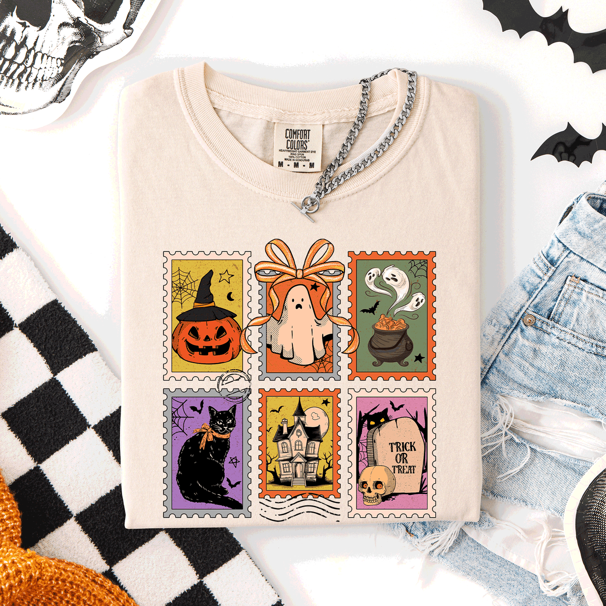 Classic Halloween Ghost Black Cat Pumpkin Witch Spooky Season Comfort Colors Tee Refinery No. 1