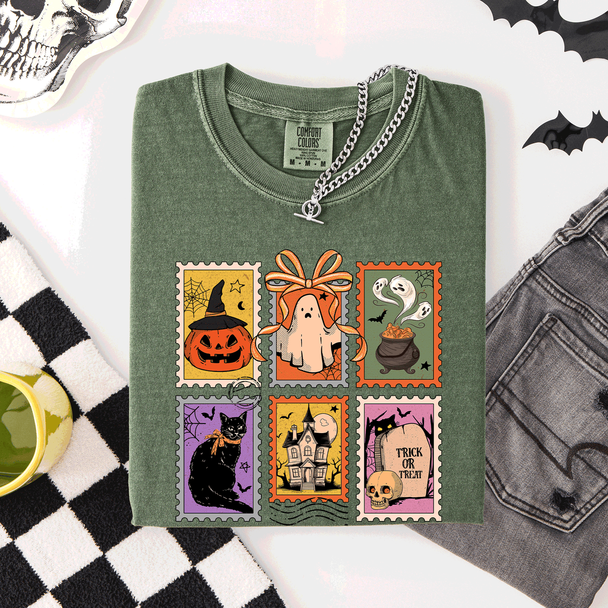 Classic Halloween Ghost Black Cat Pumpkin Witch Spooky Season Comfort Colors Tee Refinery No. 1