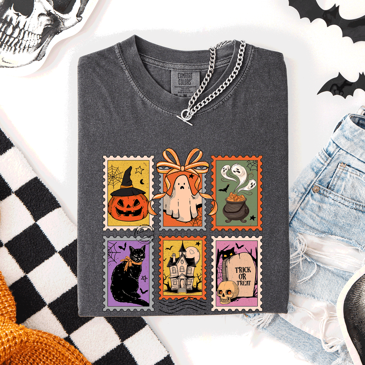 Classic Halloween Ghost Black Cat Pumpkin Witch Spooky Season Comfort Colors Tee Refinery No. 1
