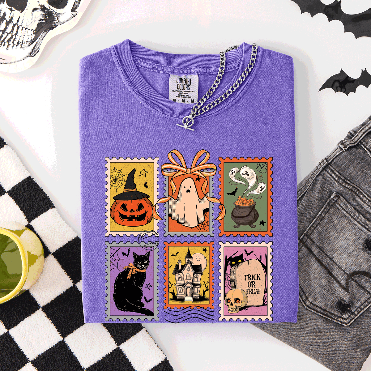 Classic Halloween Ghost Black Cat Pumpkin Witch Spooky Season Comfort Colors Tee Refinery No. 1