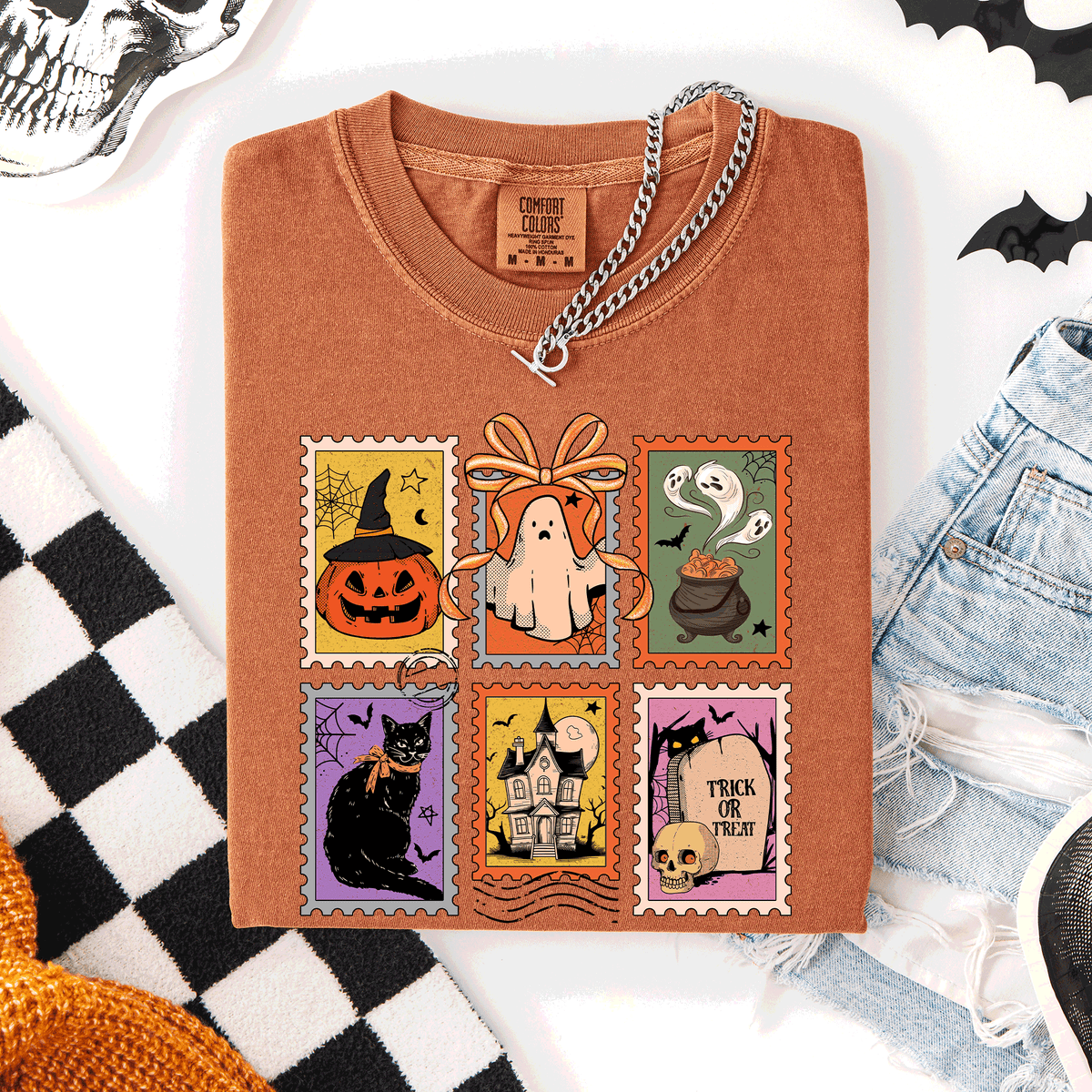 Classic Halloween Ghost Black Cat Pumpkin Witch Spooky Season Comfort Colors Tee Refinery No. 1