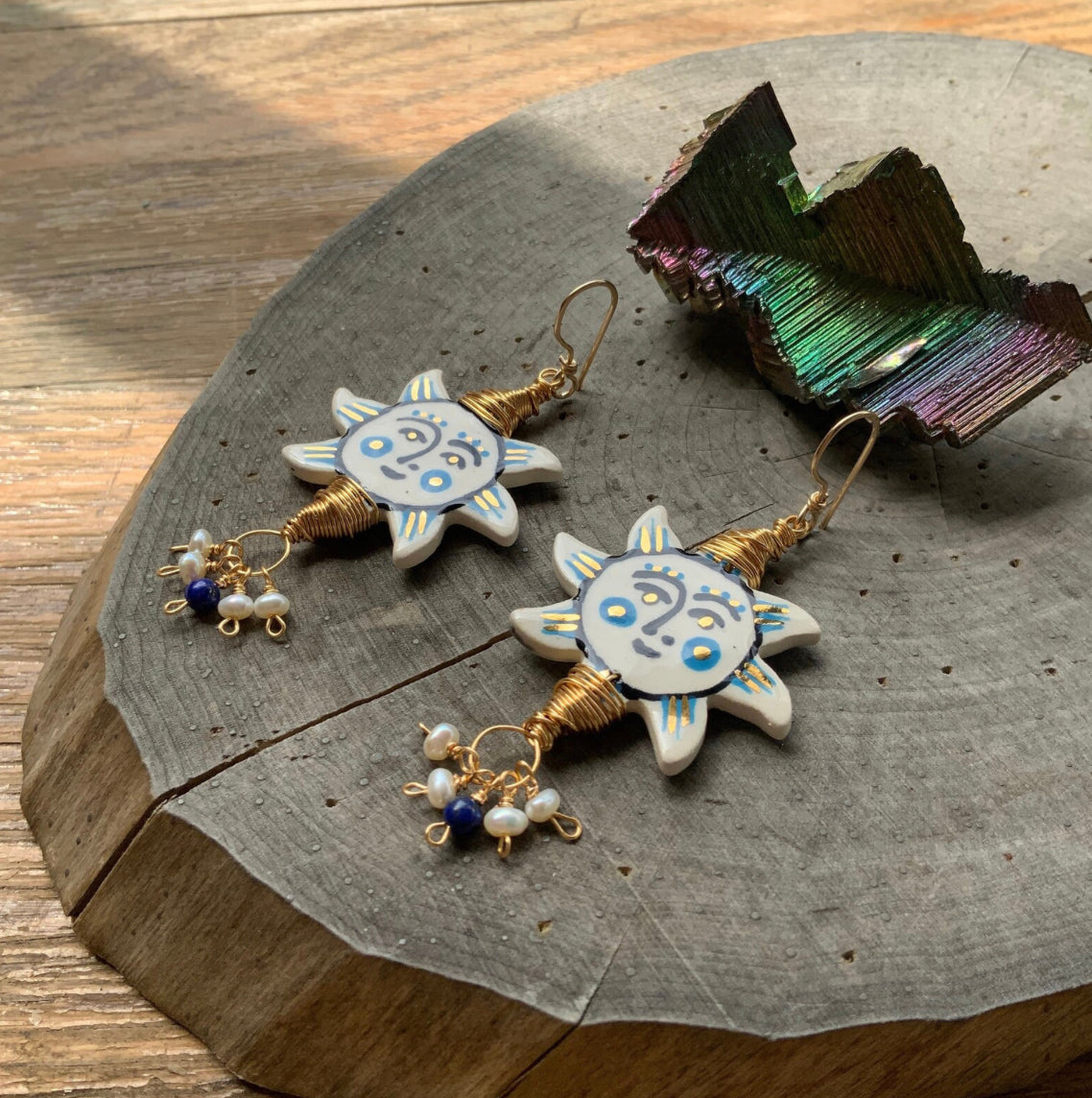 Folk art sun and freshwater pearl cluster earrings Adriana Soto Joyeria