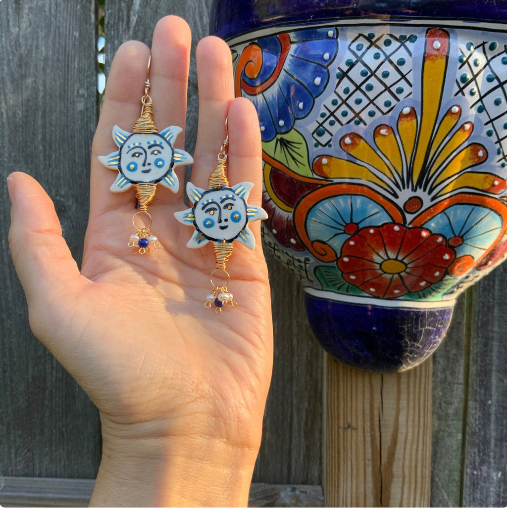 Folk art sun and freshwater pearl cluster earrings Adriana Soto Joyeria