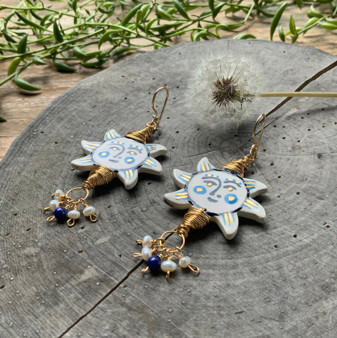 Folk art sun and freshwater pearl cluster earrings Adriana Soto Joyeria