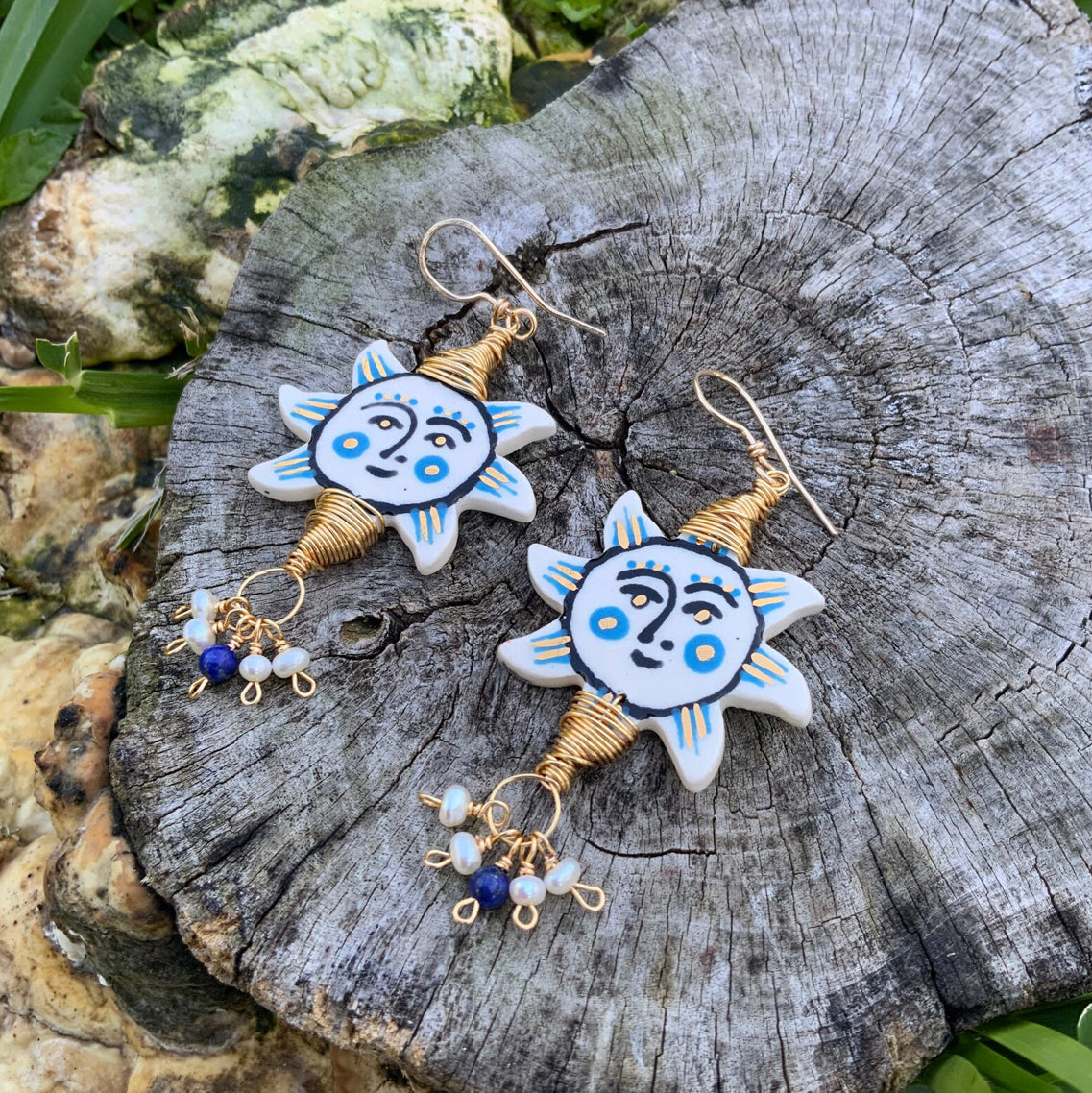 Folk art sun and freshwater pearl cluster earrings Adriana Soto Joyeria