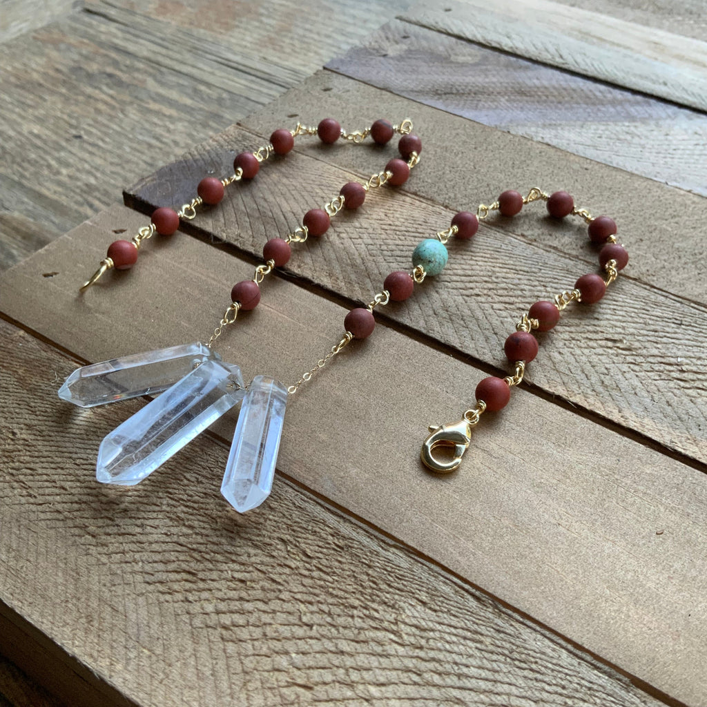 3 Quartz point and matte red jasper necklace Adriana Soto Joyeria