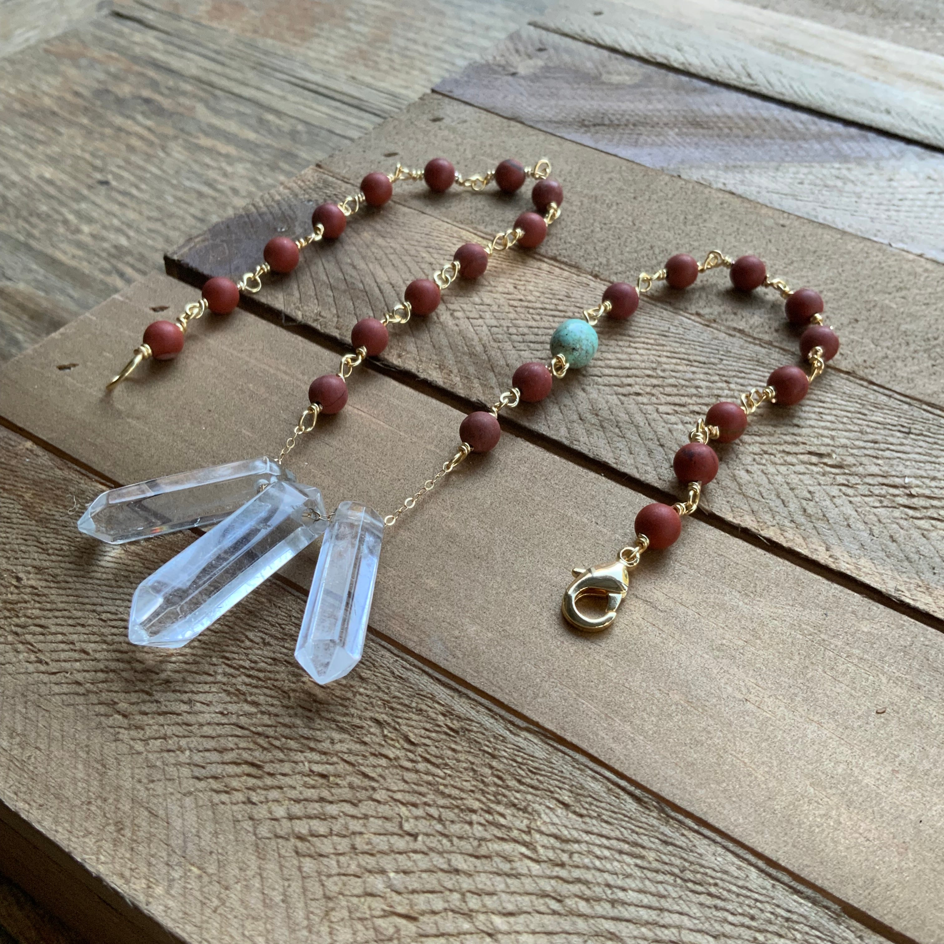 3 Quartz point and matte red jasper necklace Adriana Soto Joyeria
