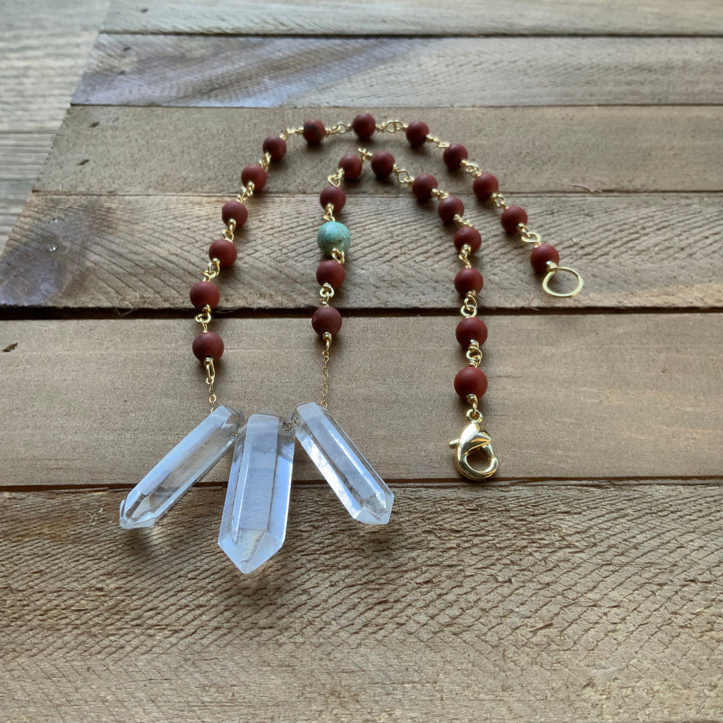 3 Quartz point and matte red jasper necklace Adriana Soto Joyeria