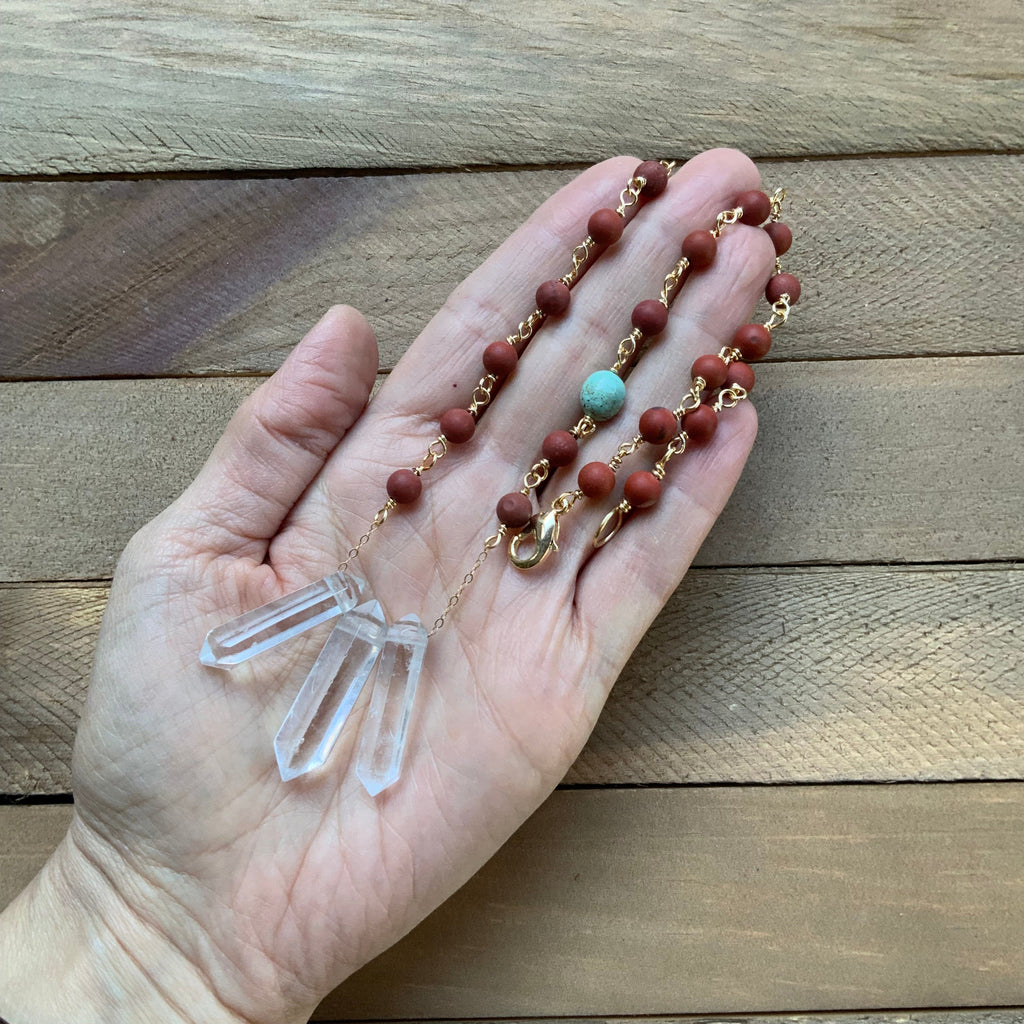3 Quartz point and matte red jasper necklace Adriana Soto Joyeria