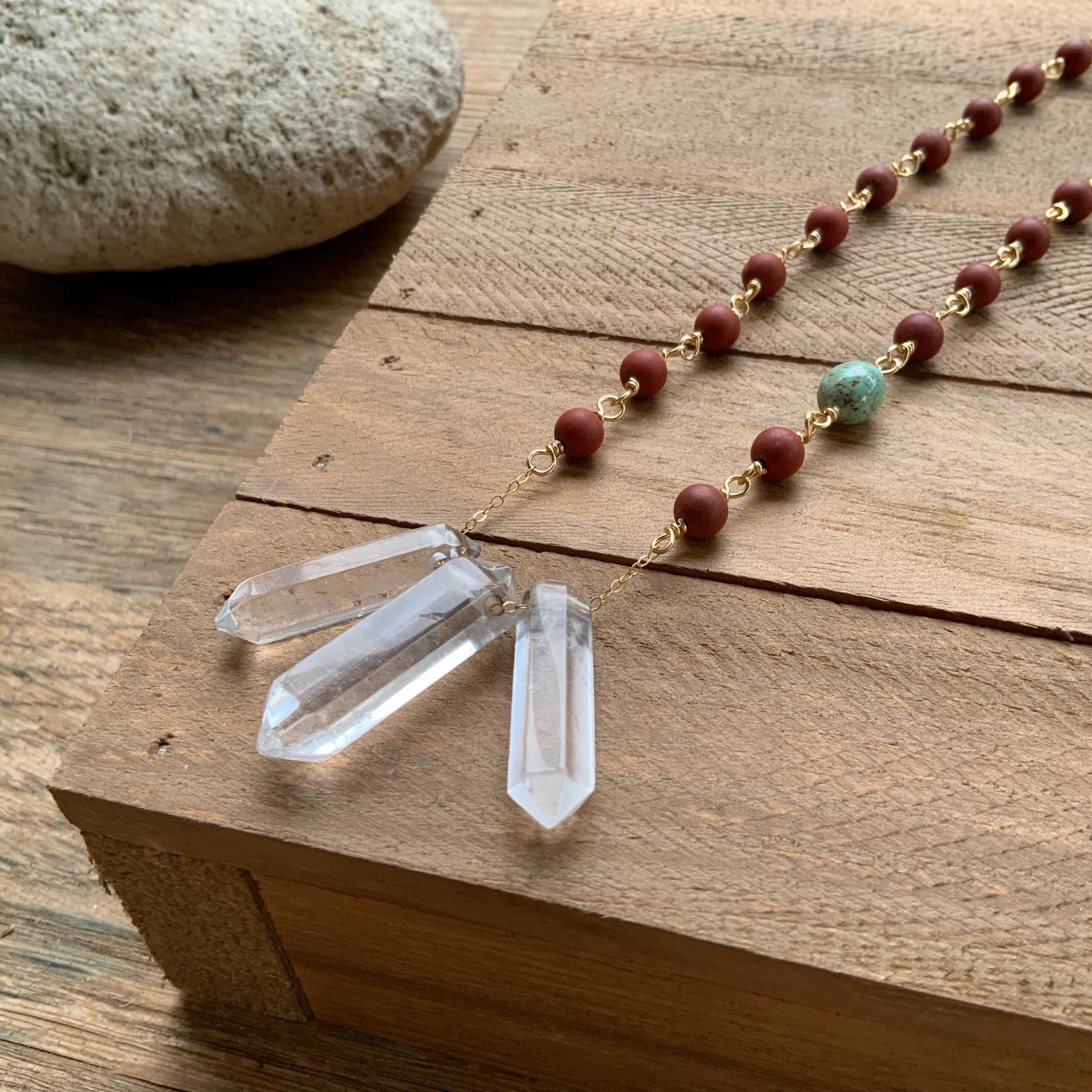 3 Quartz point and matte red jasper necklace Adriana Soto Joyeria