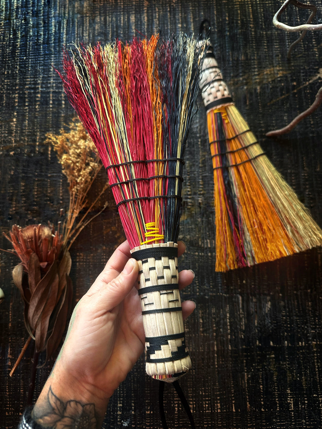 Hand Dyed, Woven Handle Stitched Hand Broom Keven Craft Rituals