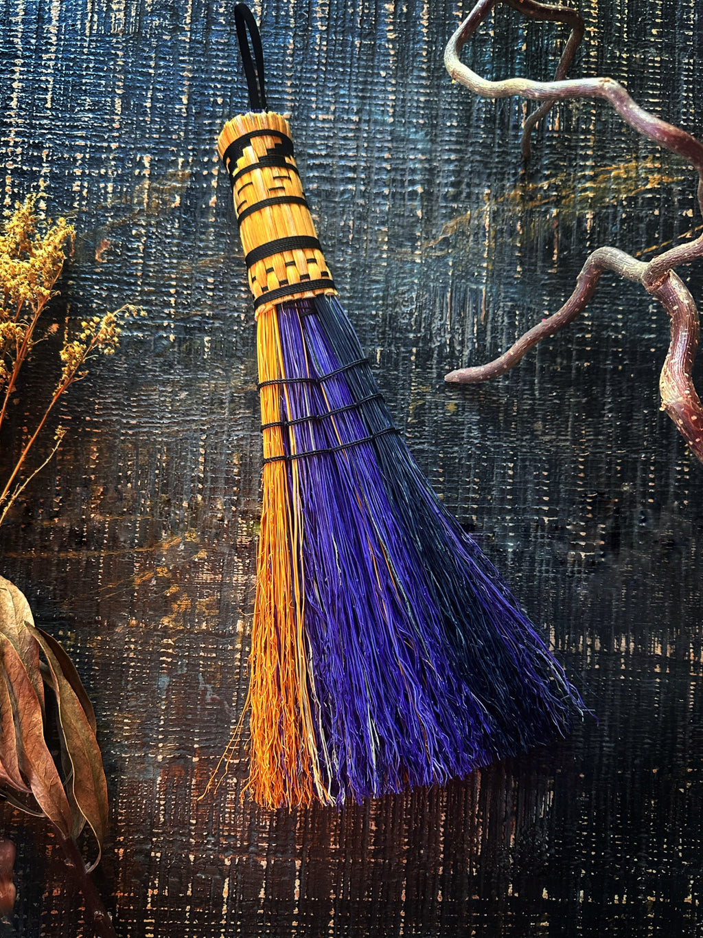 Hand Dyed, Woven Handle Stitched Hand Broom Keven Craft Rituals