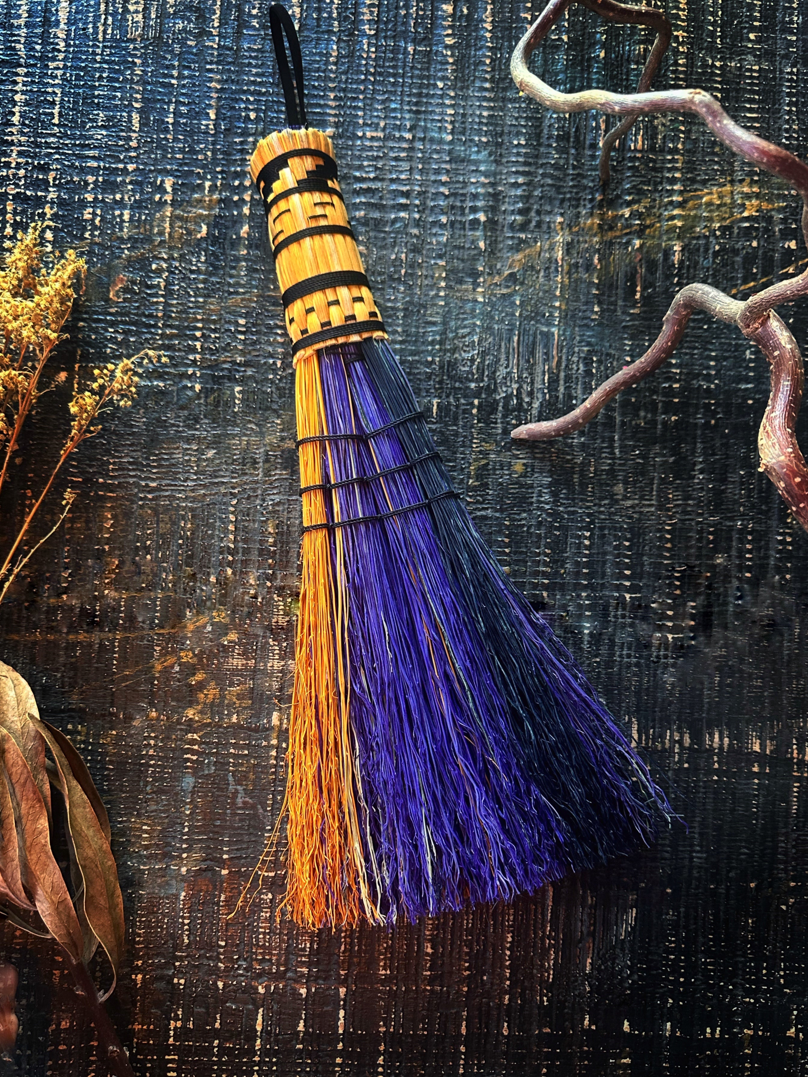 Hand Dyed, Woven Handle Stitched Hand Broom Keven Craft Rituals