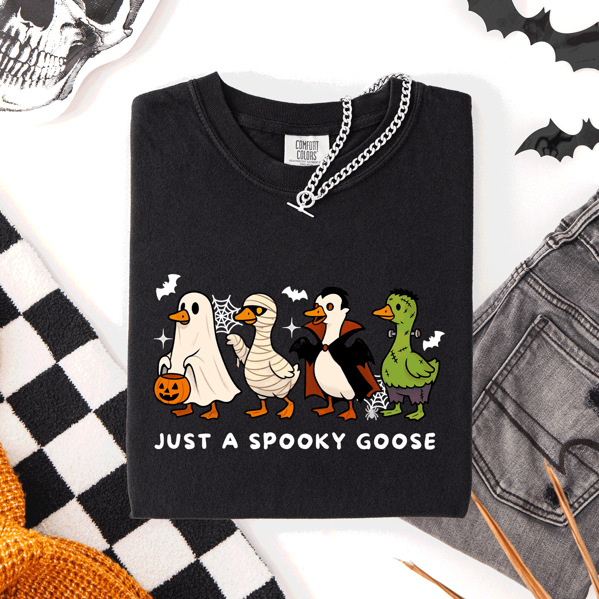 Just A Spooky Goose Comfort Colors Tee Featuring Dracula Vampire Ghost And Mummy Halloween Design Refinery No. 1