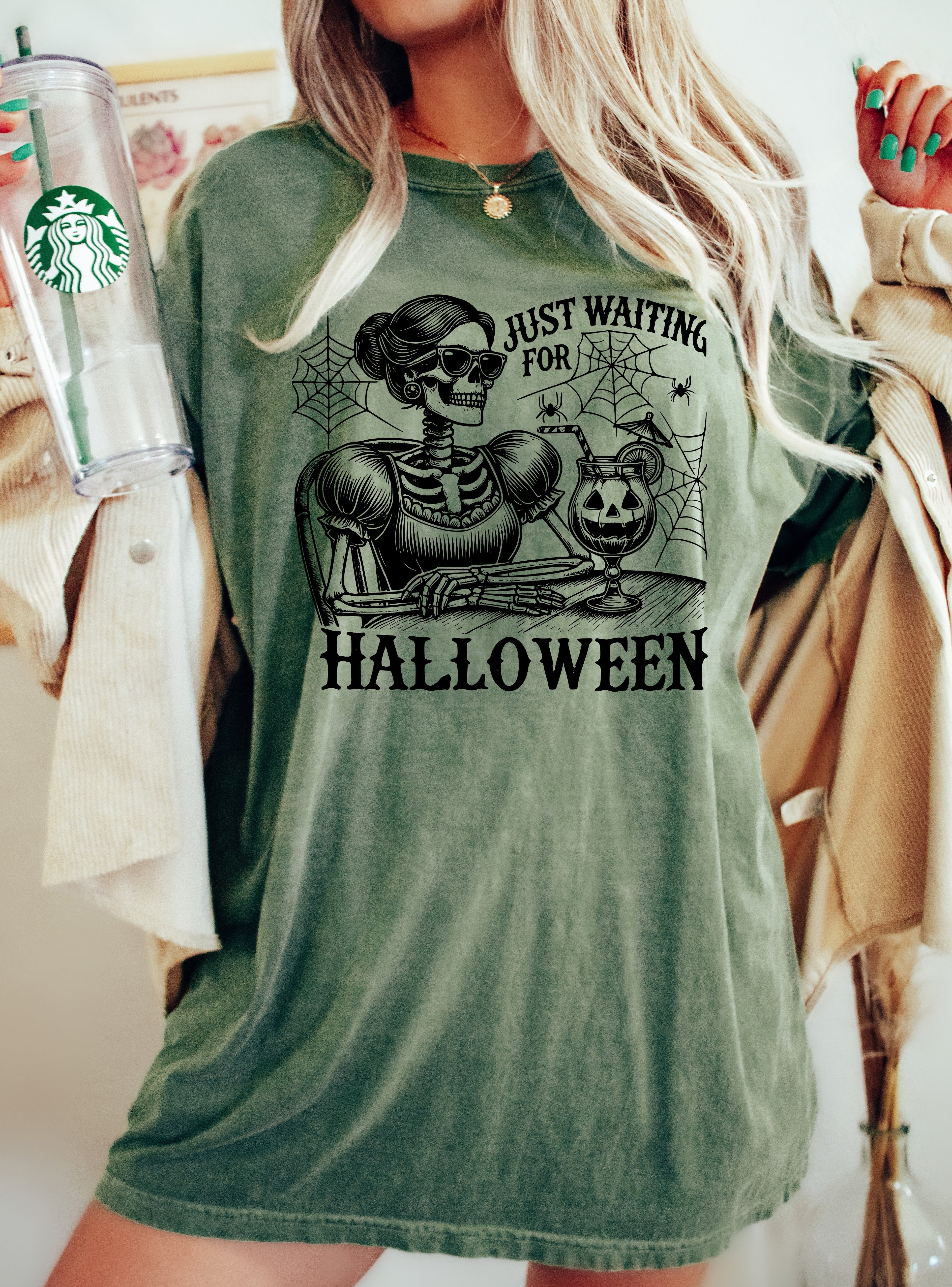 Just Waiting for Halloween, Skeleton Lady, Vintage, Western, Witch, Aesthetic, Meme, Halloween, Costume, Tshirt Comfort Colors T-Shirt Refinery No. 1