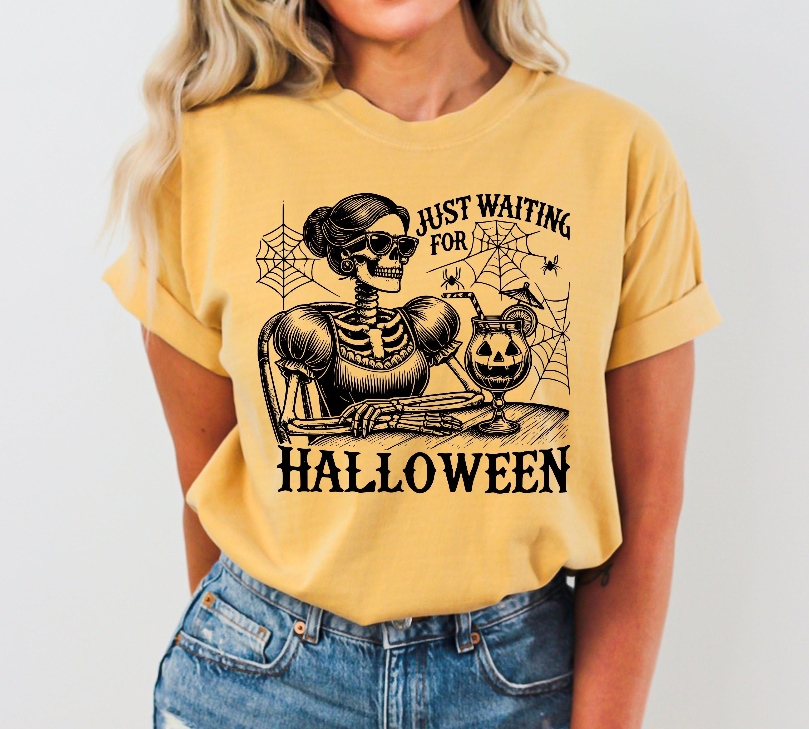 Just Waiting for Halloween, Skeleton Lady, Vintage, Western, Witch, Aesthetic, Meme, Halloween, Costume, Tshirt Comfort Colors T-Shirt Refinery No. 1