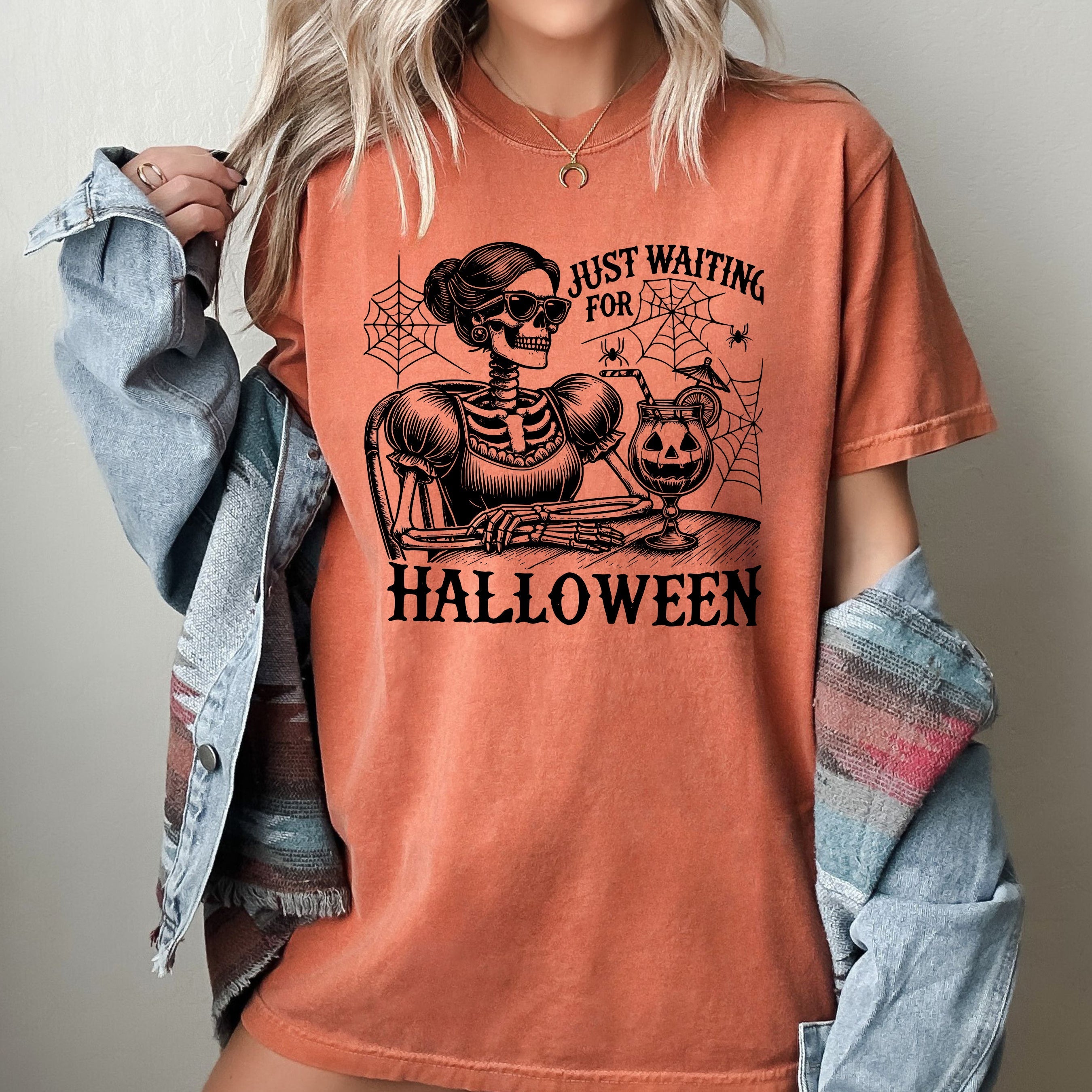 Just Waiting for Halloween, Skeleton Lady, Vintage, Western, Witch, Aesthetic, Meme, Halloween, Costume, Tshirt Comfort Colors T-Shirt Refinery No. 1