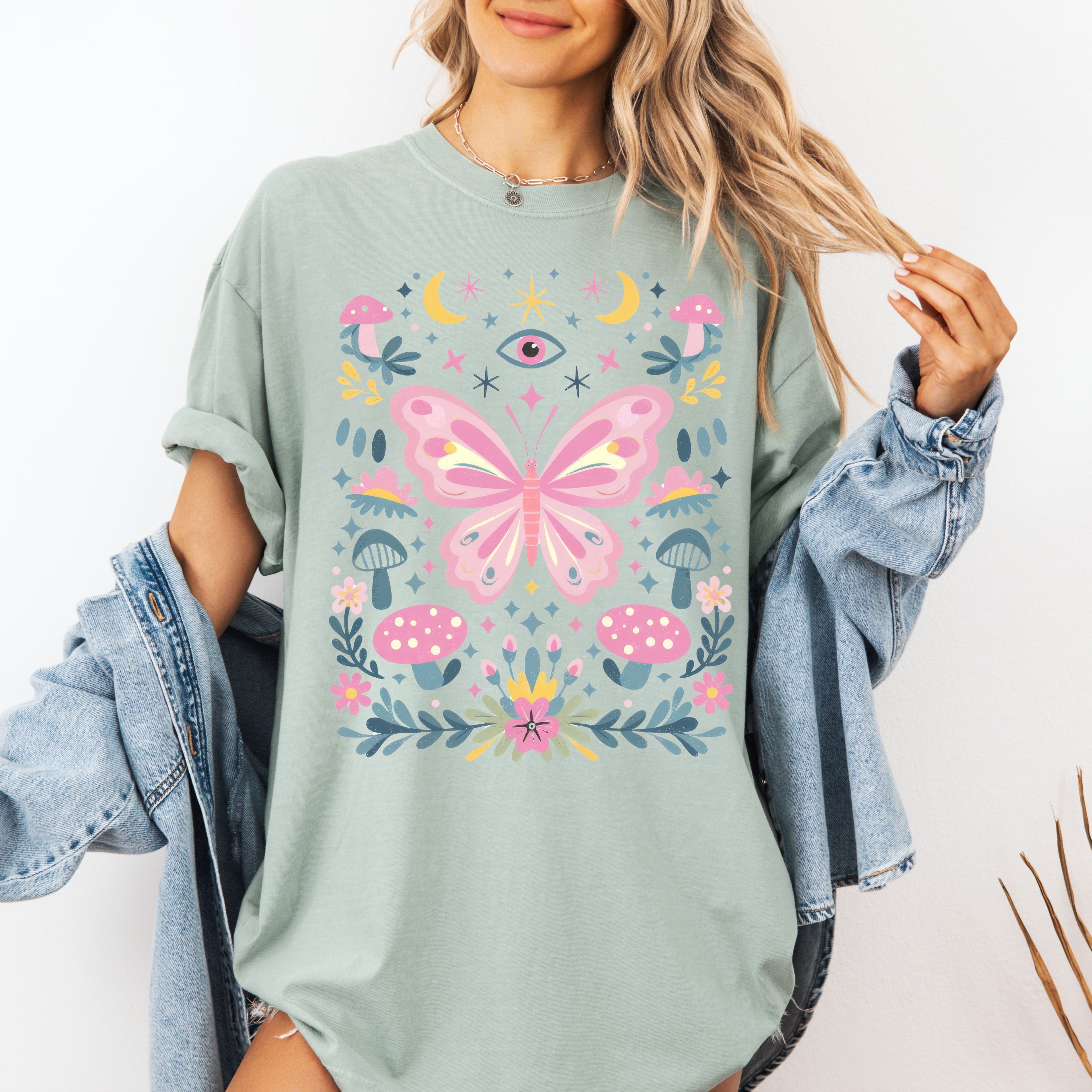 Celestial Butterfly, Stars, Vintage, Pink, Forest, Floral Art Print Comfort Colors Tee Refinery No. 1