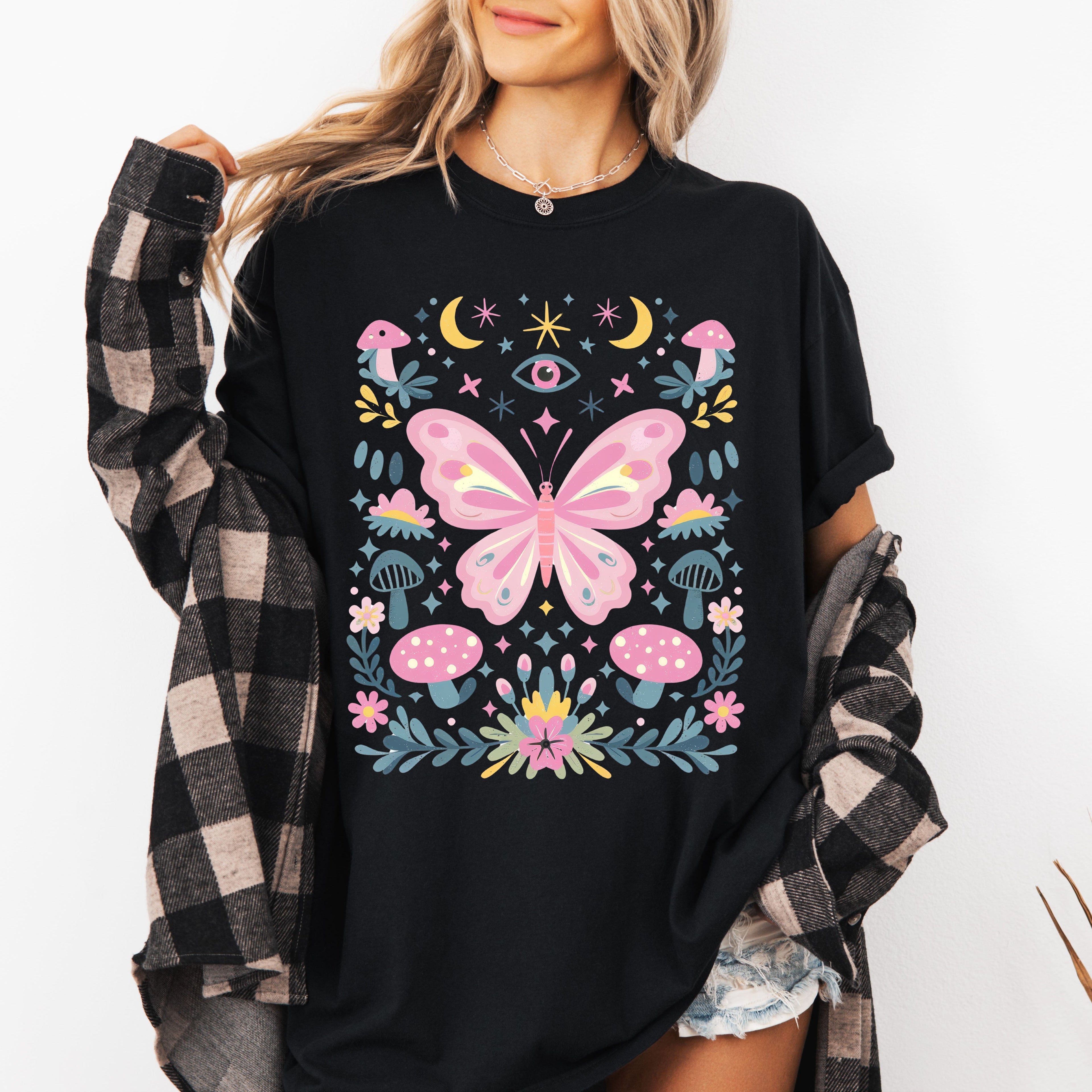 Celestial Butterfly, Stars, Vintage, Pink, Forest, Floral Art Print Comfort Colors Tee Refinery No. 1