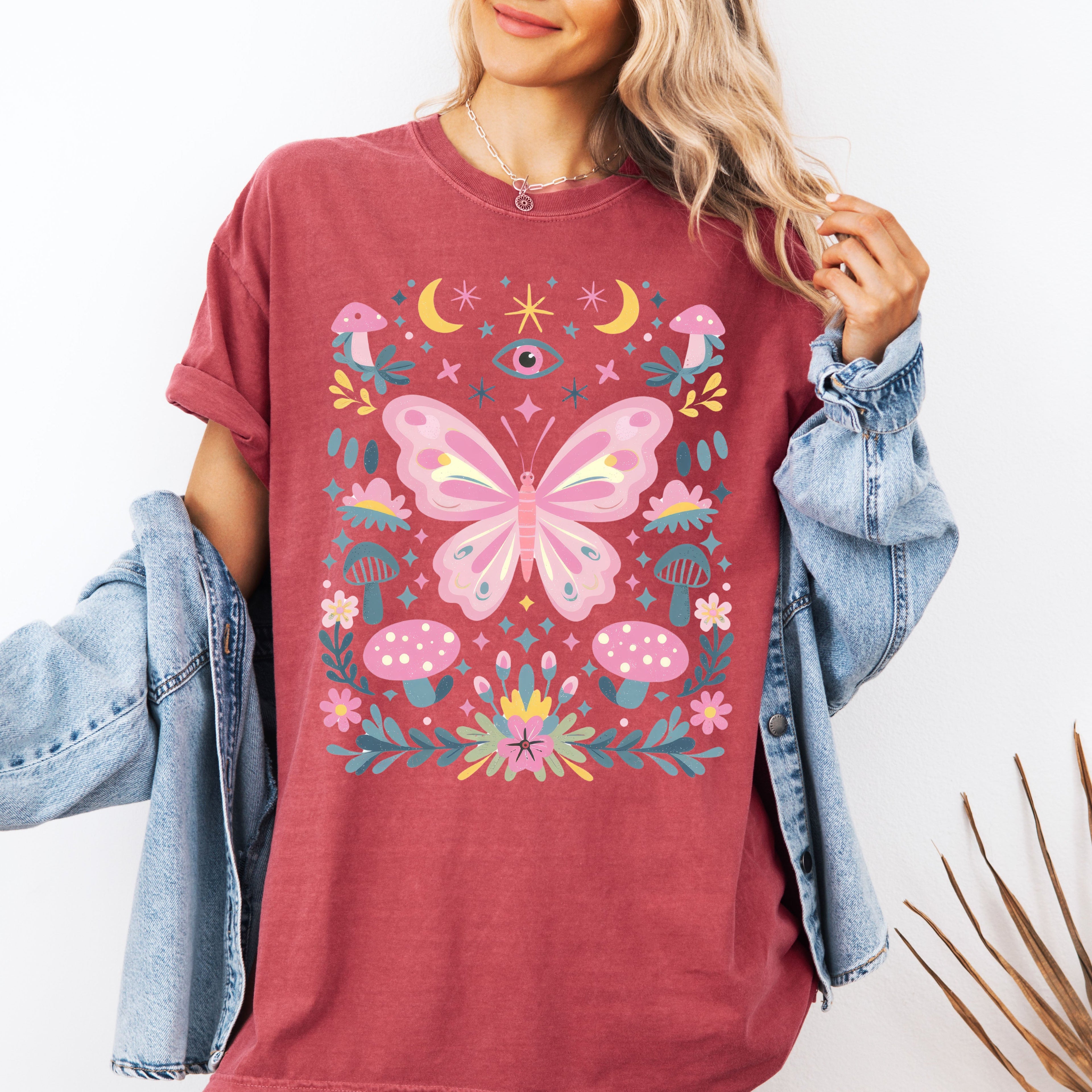 Celestial Butterfly, Stars, Vintage, Pink, Forest, Floral Art Print Comfort Colors Tee Refinery No. 1