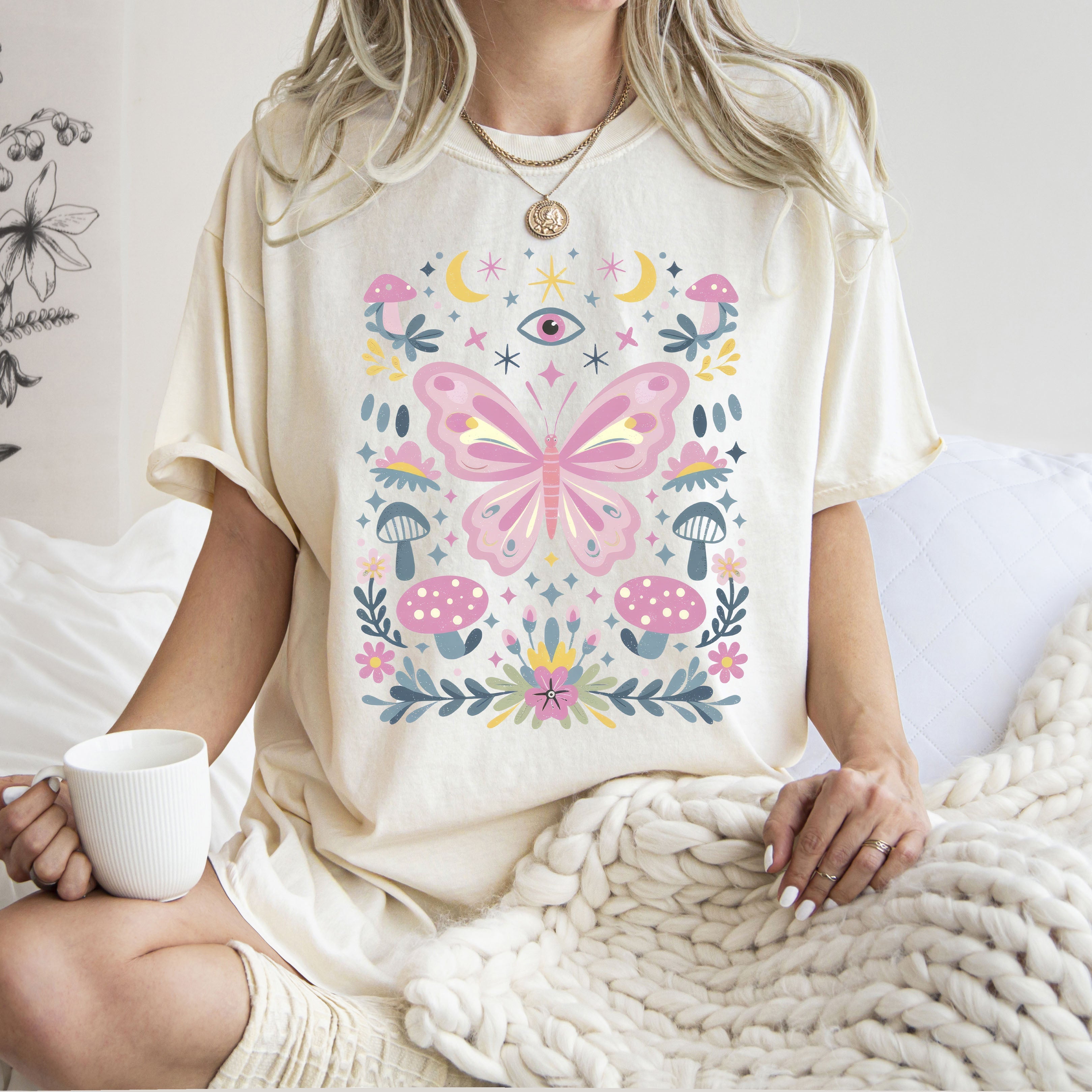 Celestial Butterfly, Stars, Vintage, Pink, Forest, Floral Art Print Comfort Colors Tee Refinery No. 1