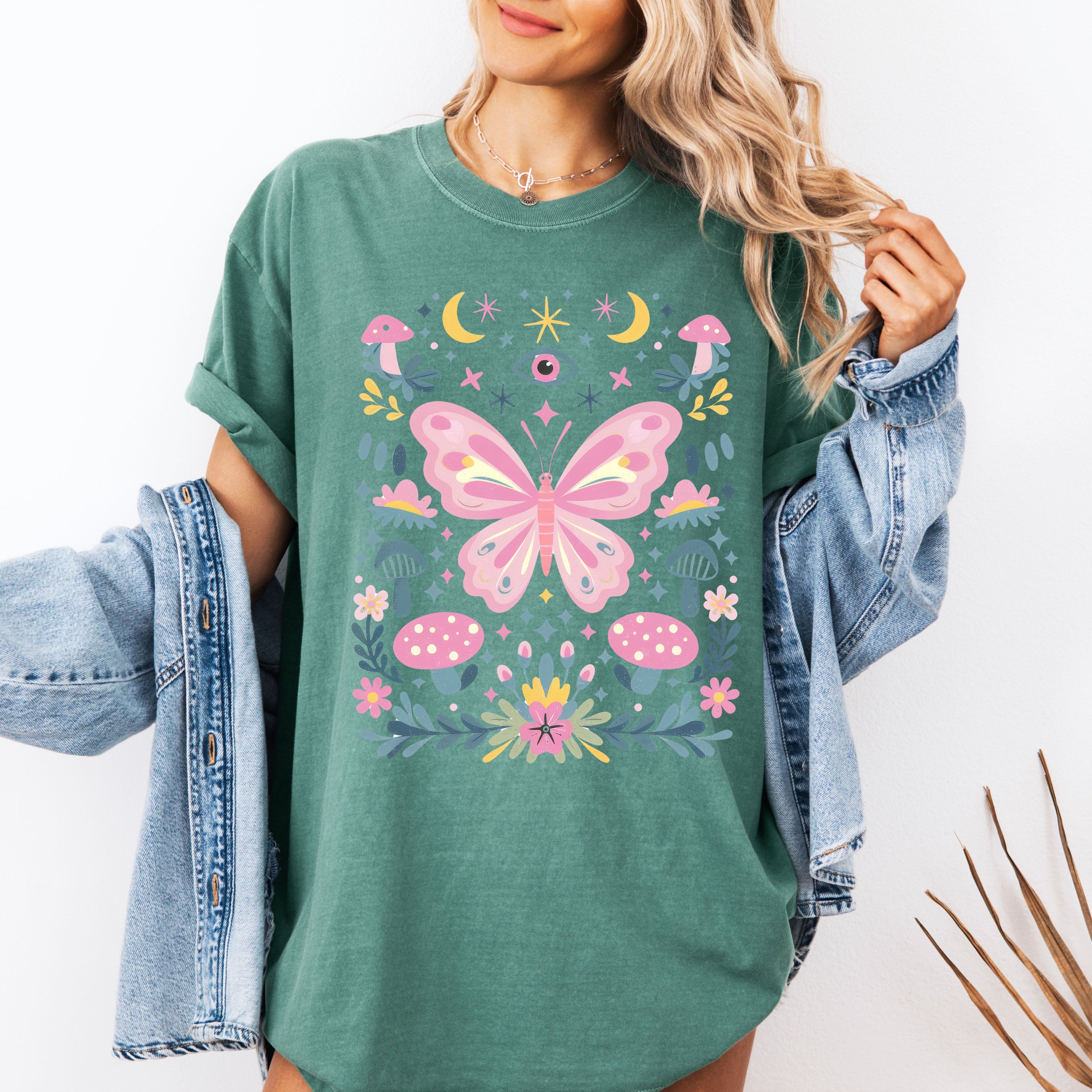 Celestial Butterfly, Stars, Vintage, Pink, Forest, Floral Art Print Comfort Colors Tee Refinery No. 1