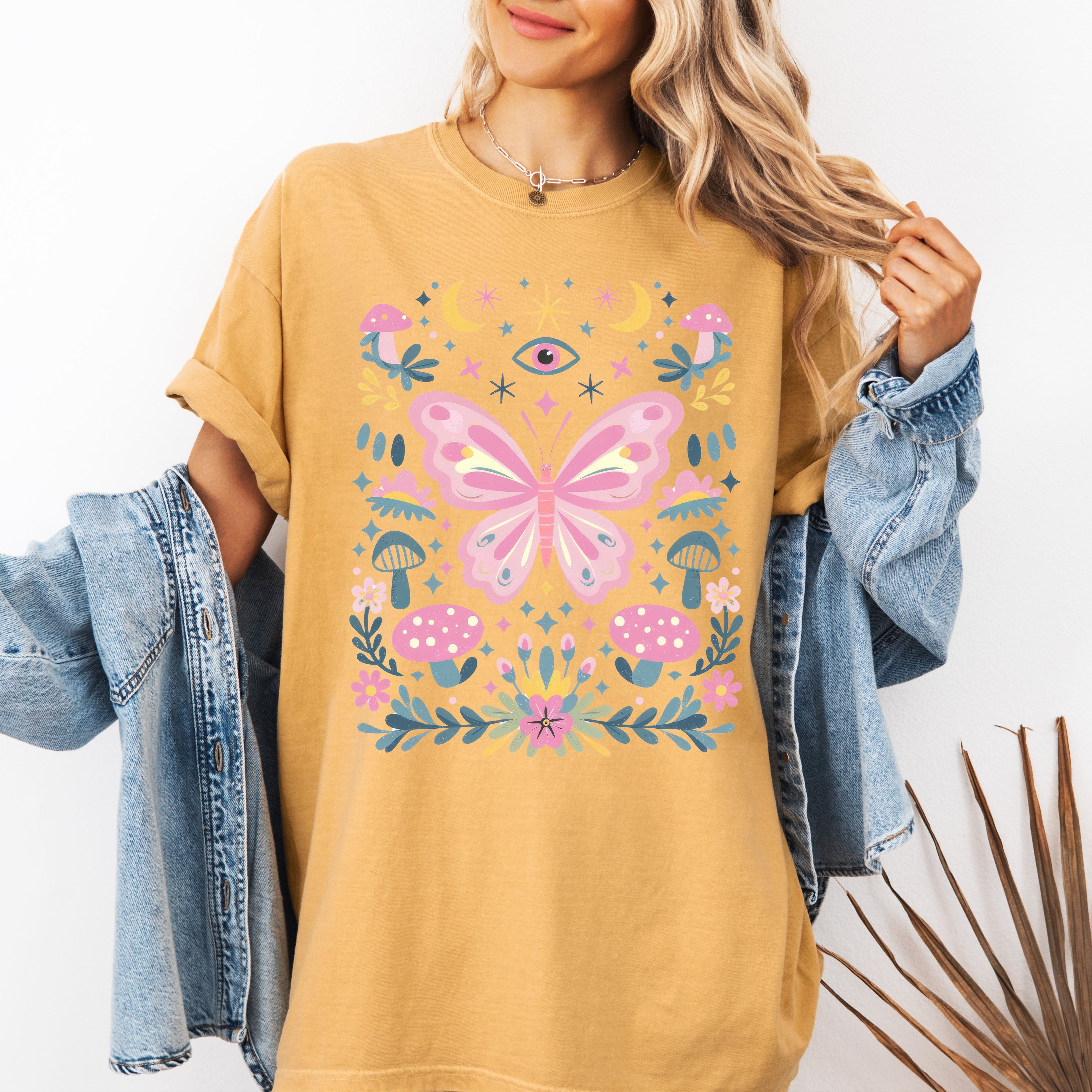 Celestial Butterfly, Stars, Vintage, Pink, Forest, Floral Art Print Comfort Colors Tee Refinery No. 1