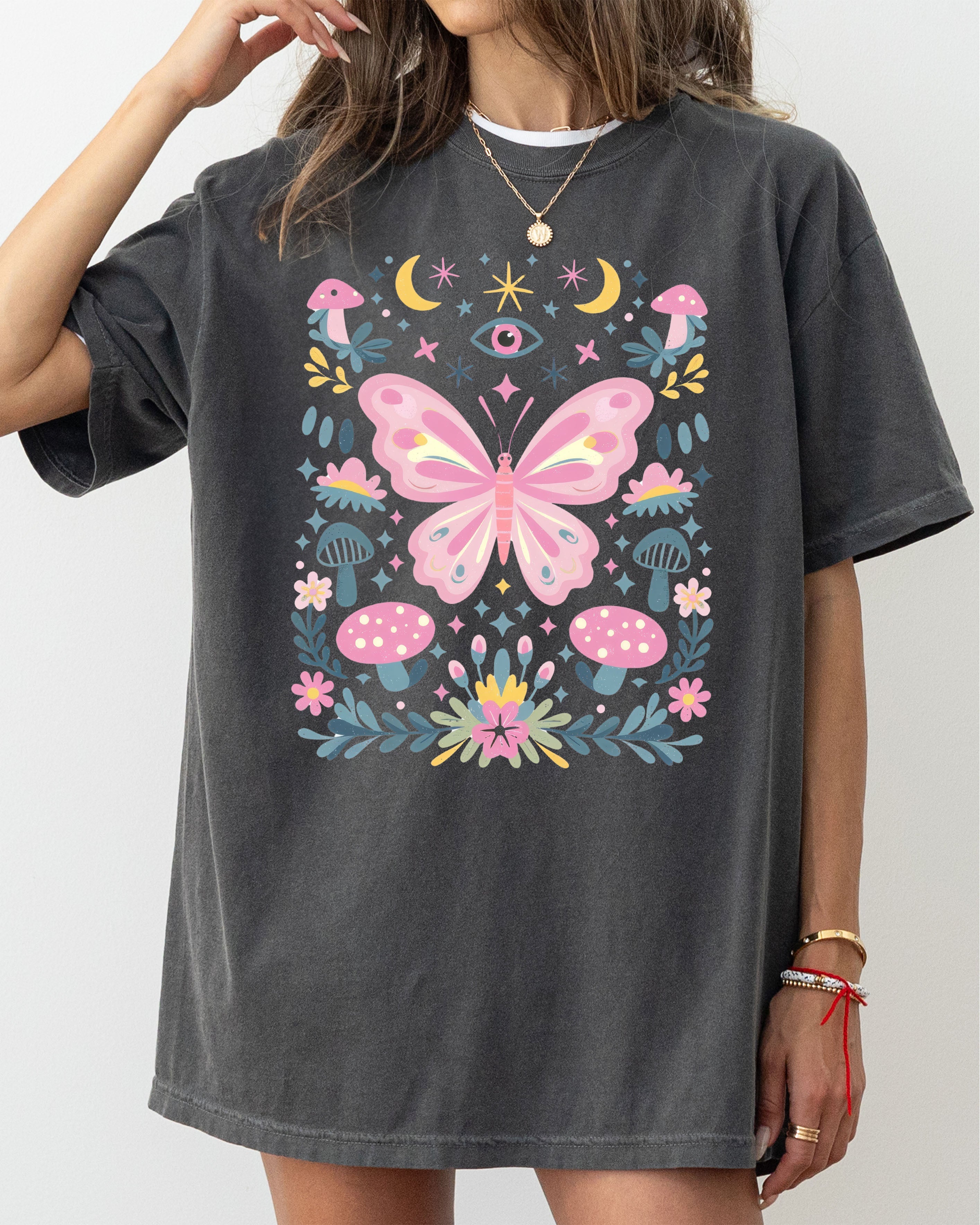 Celestial Butterfly, Stars, Vintage, Pink, Forest, Floral Art Print Comfort Colors Tee Refinery No. 1