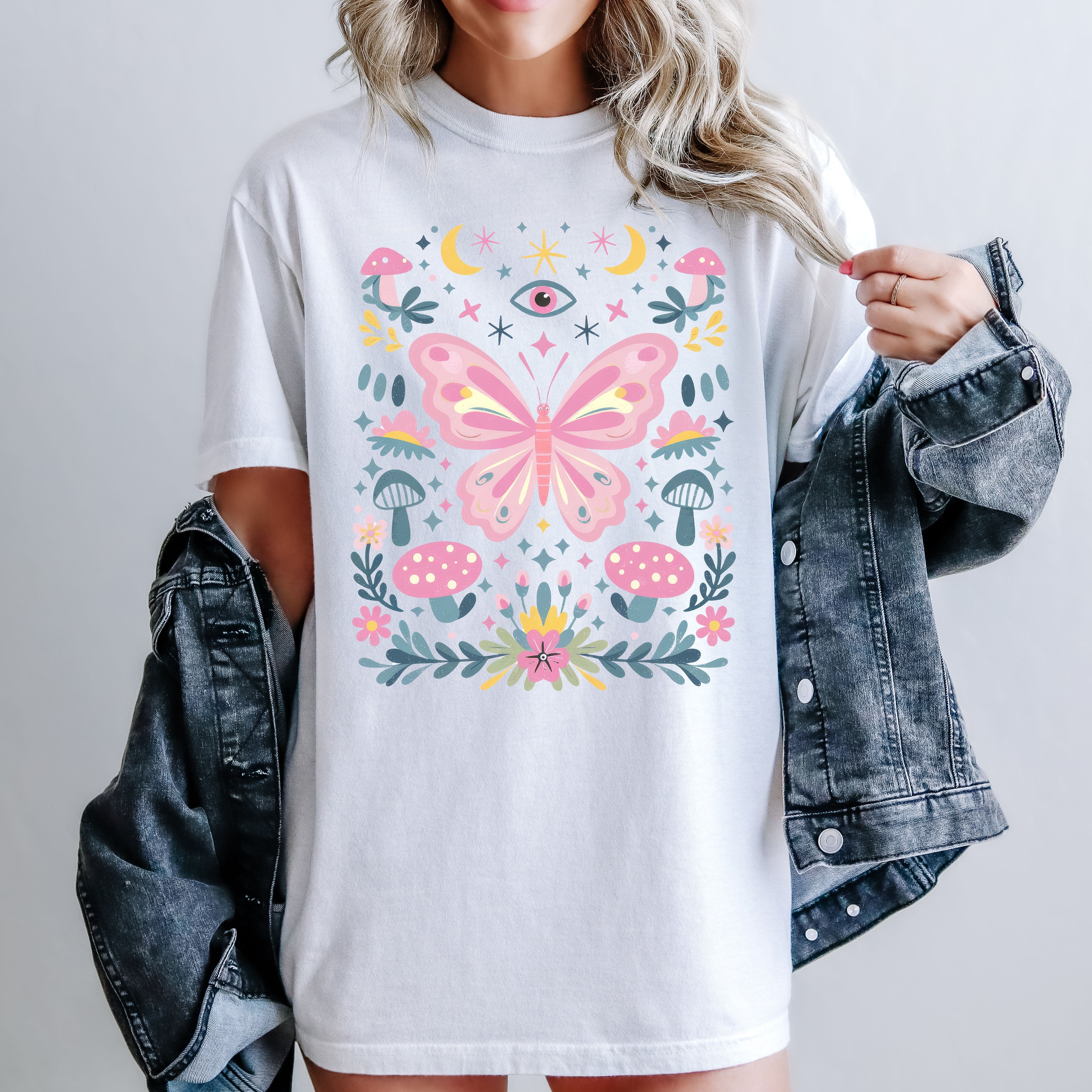 Celestial Butterfly, Stars, Vintage, Pink, Forest, Floral Art Print Comfort Colors Tee Refinery No. 1
