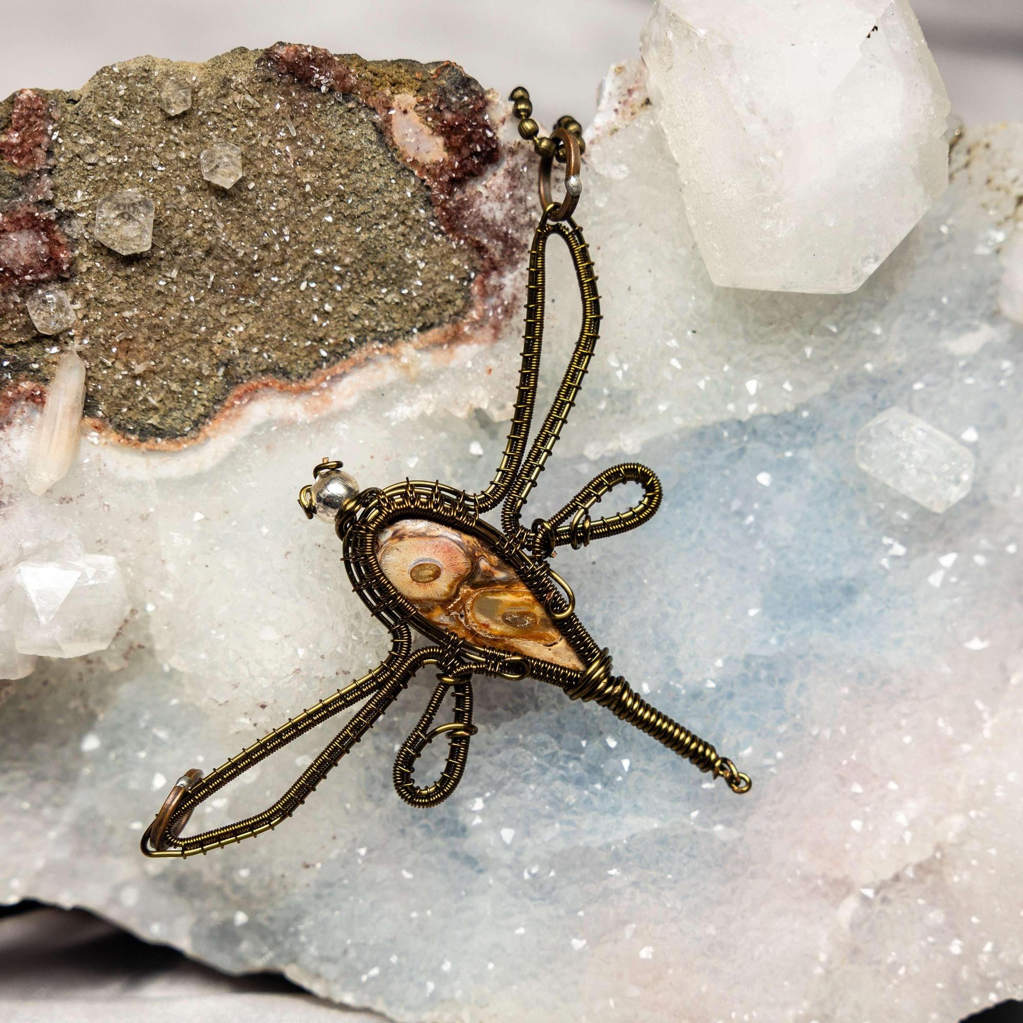 Mexican Agate Copper Wire Wrapped Dragonfly Pendant Necklace Crystal Destiny
