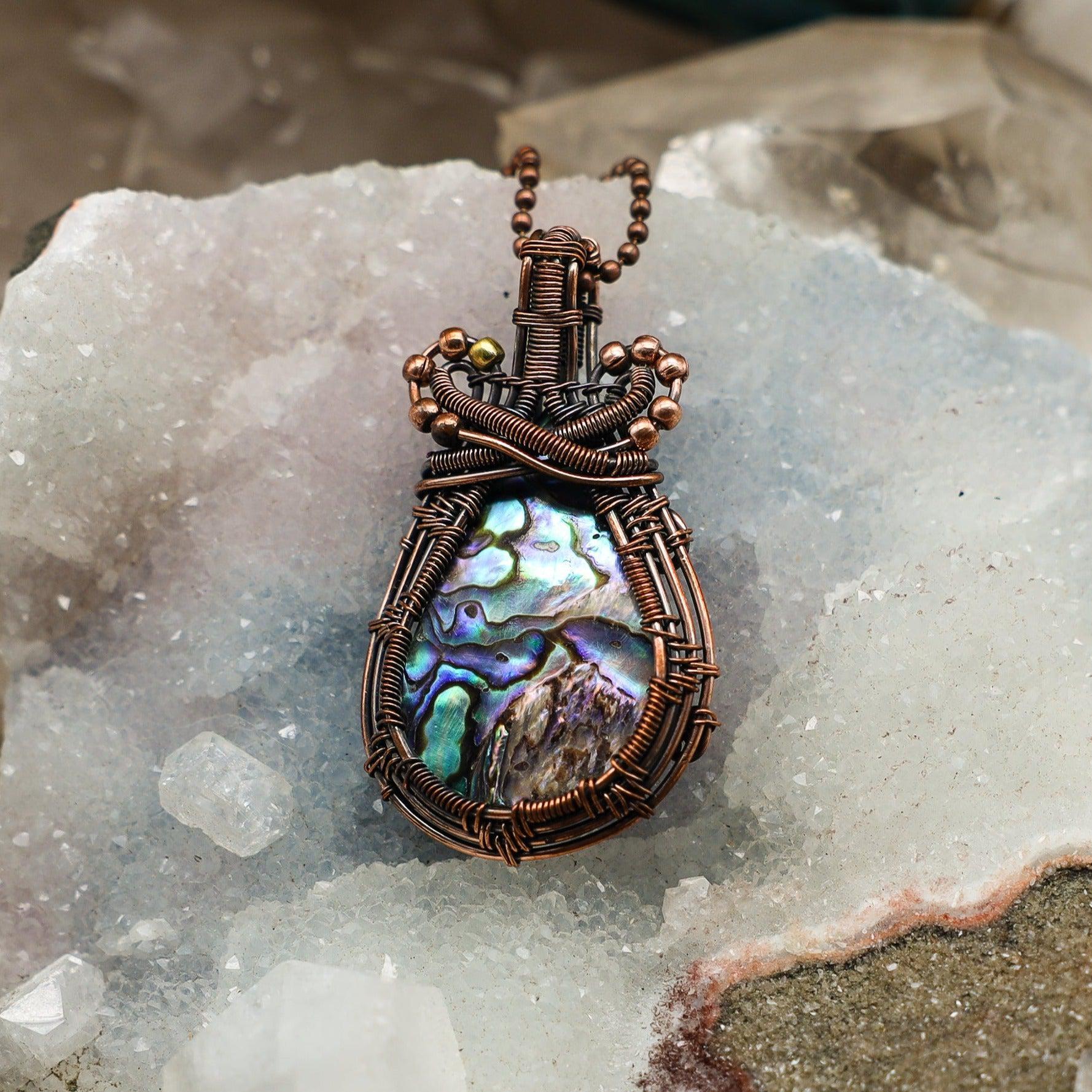 Paua Shell Wire Wrap Crystal Pendant - Emotional Calm Crystal Destiny