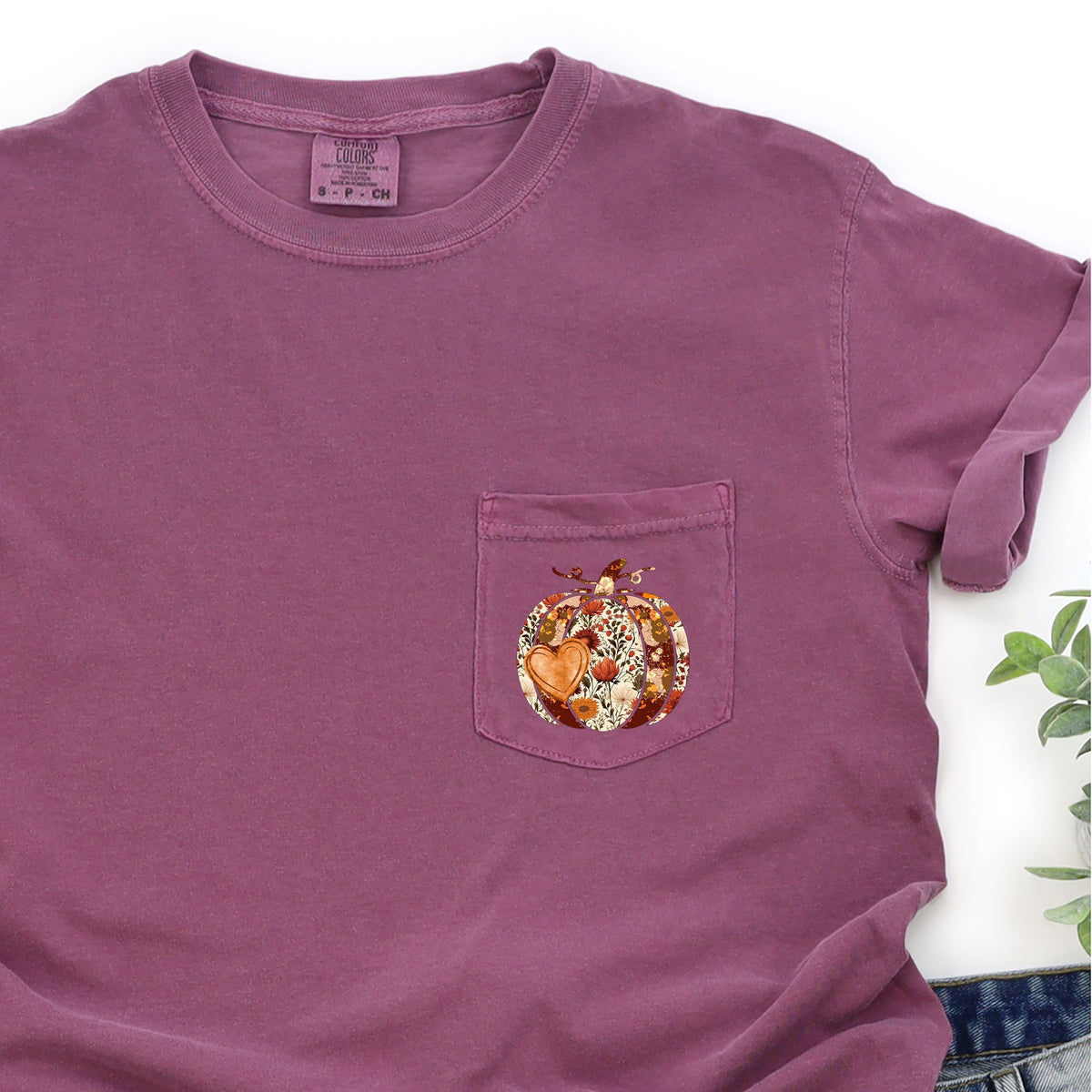 Pumpkin Heart Thanksgiving Flowers Pocket Graphic Autumn Celebration Comfort Colors Tee Refinery No. 1