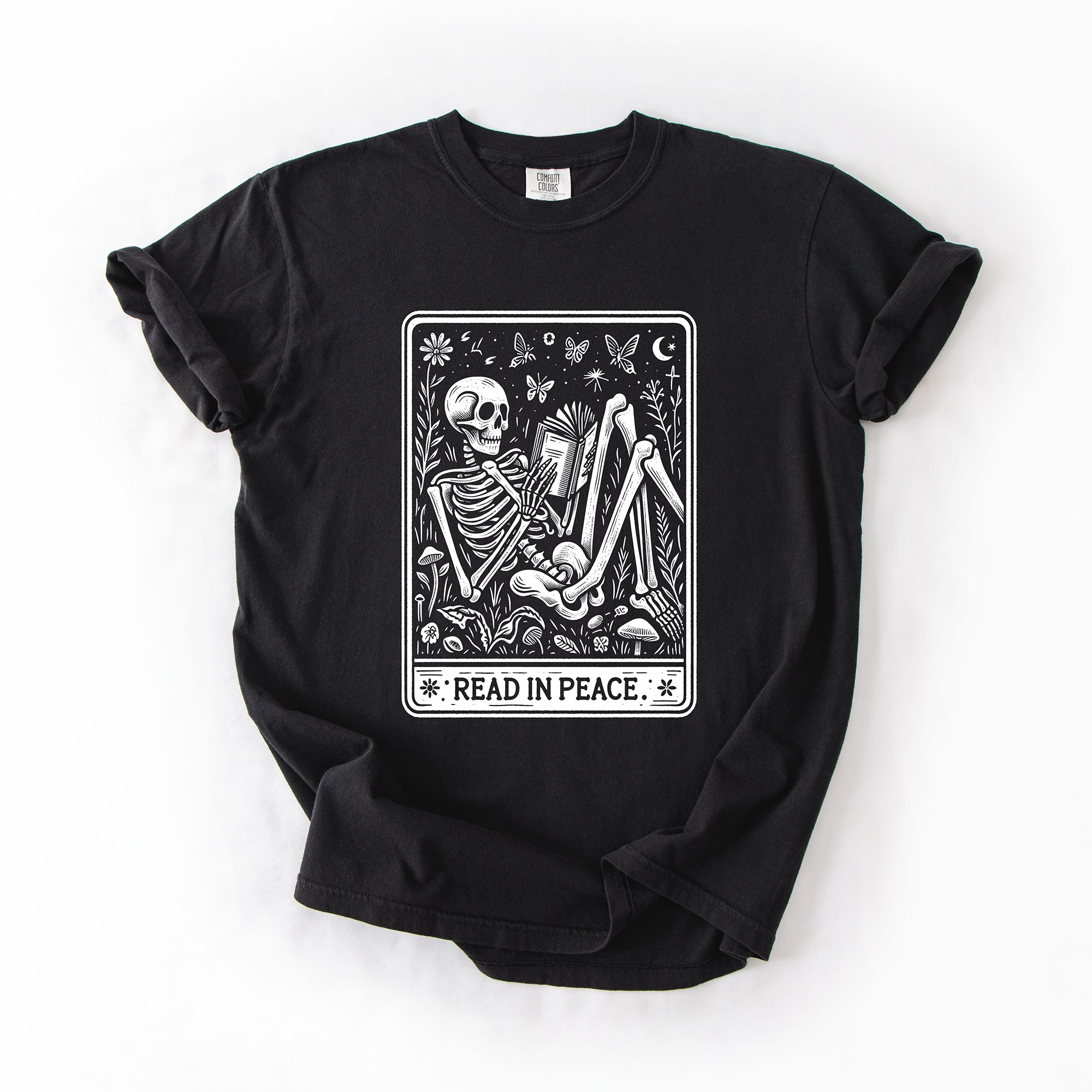 Read In Peace Halloween Skeleton Tarot Books Library Spooky Edition Comfort Colors Tee Refinery No. 1