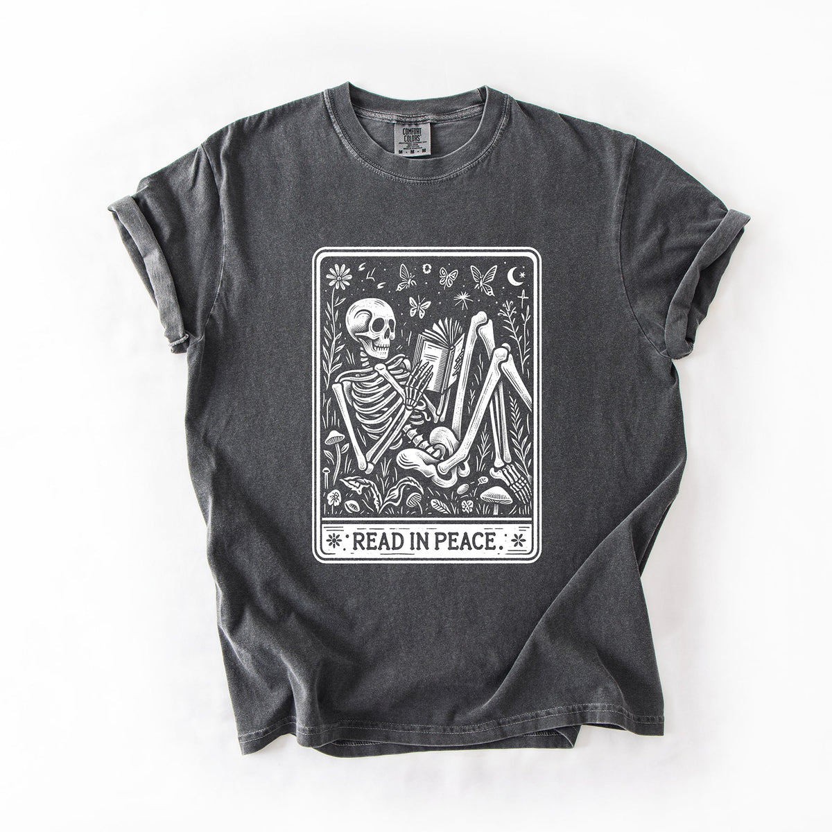 Read In Peace Halloween Skeleton Tarot Books Library Spooky Edition Comfort Colors Tee Refinery No. 1
