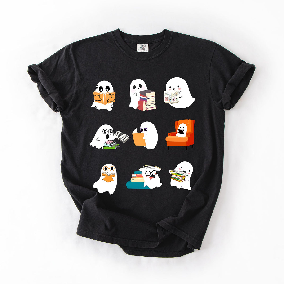 Reading Ghosts Halloween Library Books Scene Artwork Print Collection Comfort Colors Tee Refinery No. 1