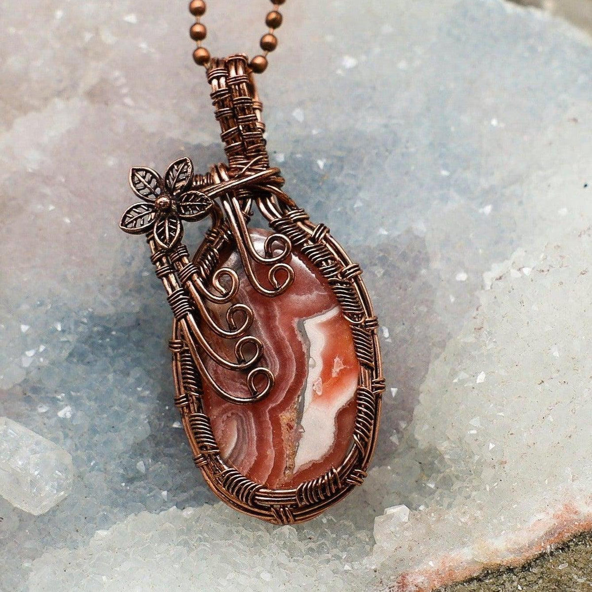 Rhodochrosite Crystal Wire Wrap Pendant Copper Heart Crystal Destiny