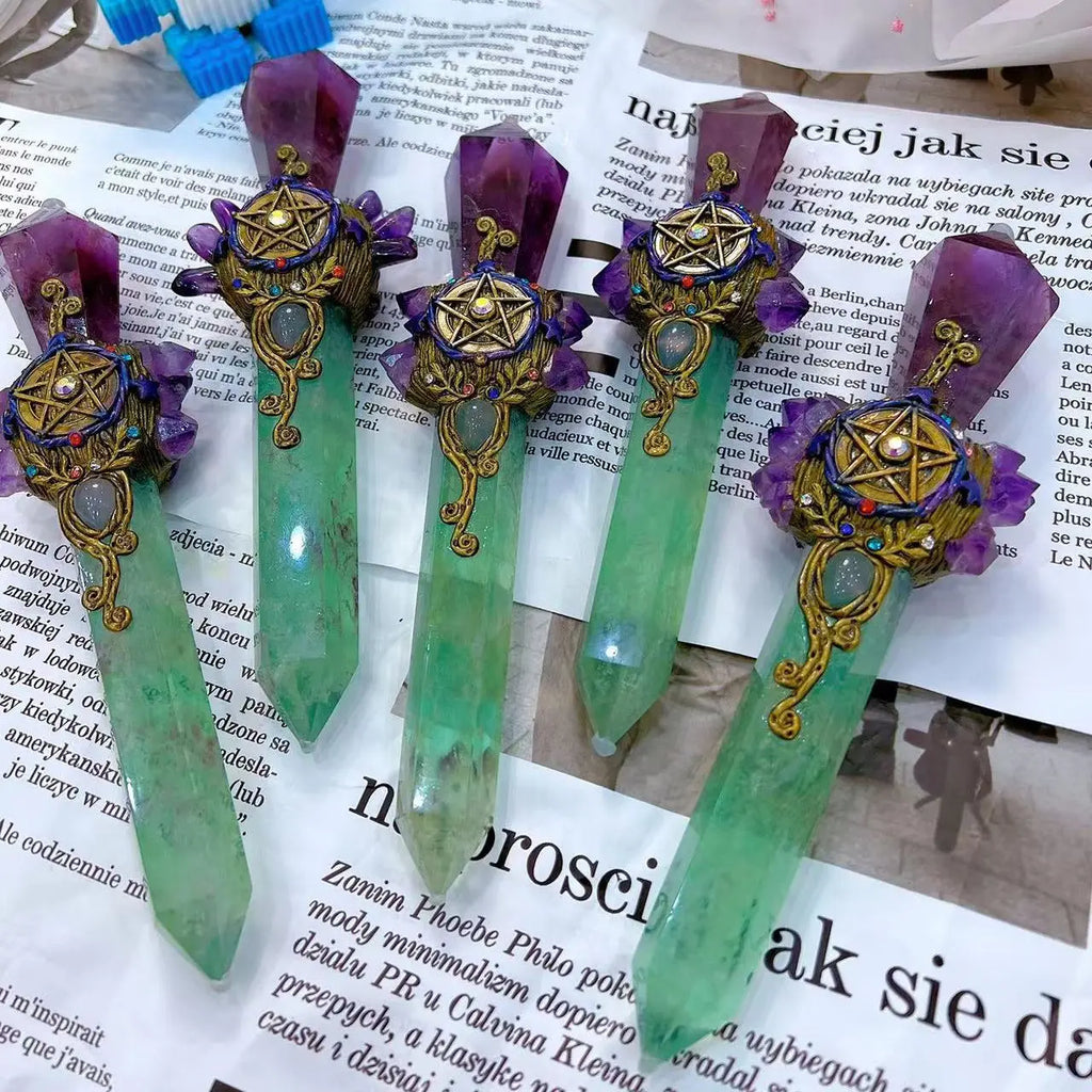 Green Fluorite and Amethyst Pentacle Witch Wand Green Witch Creations