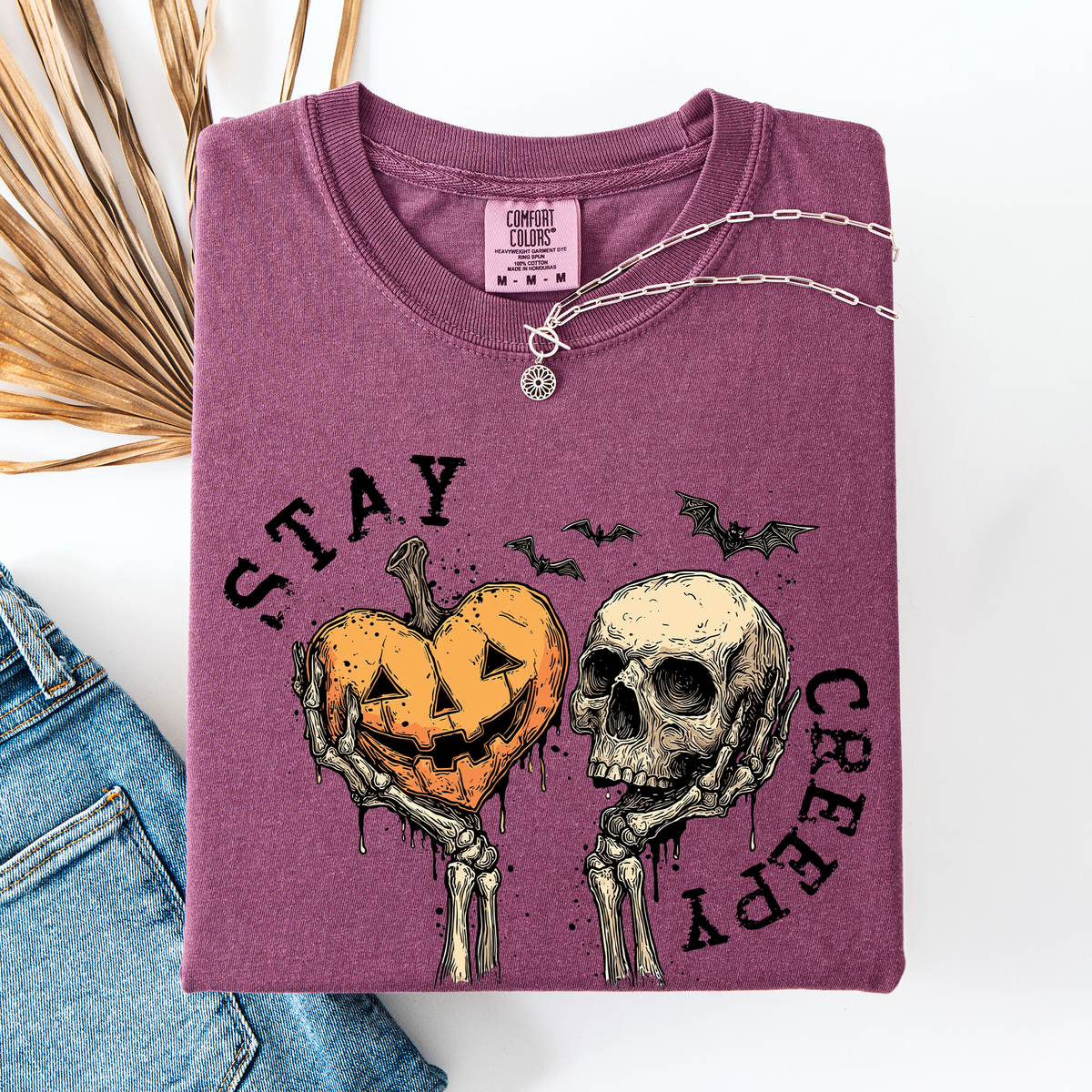 Stay Creepy Halloween Pumpkin Heart Skeleton Bats Leopard Print Checkered Comfort Colors Tee Refinery No. 1