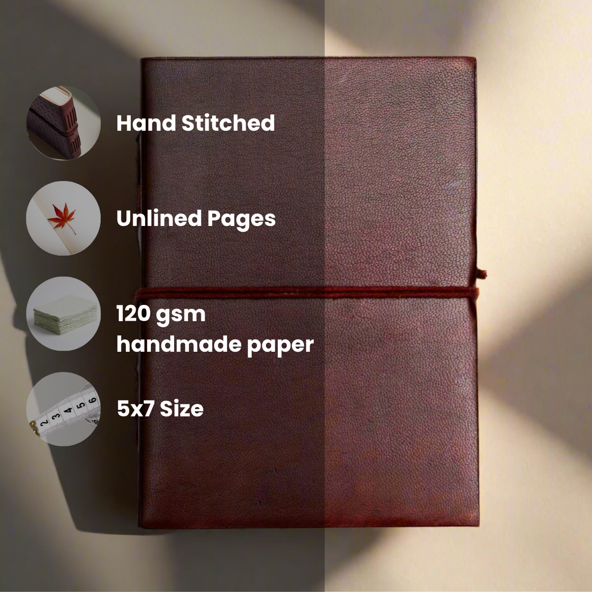 Rustic Dark Brown 5x7 Leather Journal - Unlined & Tree-Free Paper Soothi