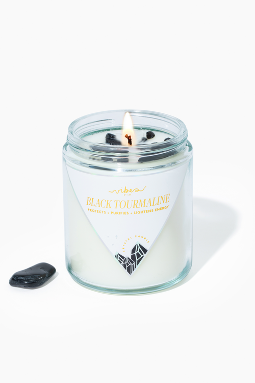 7.5oz Crystal Candle - Black Tourmaline - Protects + Purifies + Lightens Energy Vibes Candles™