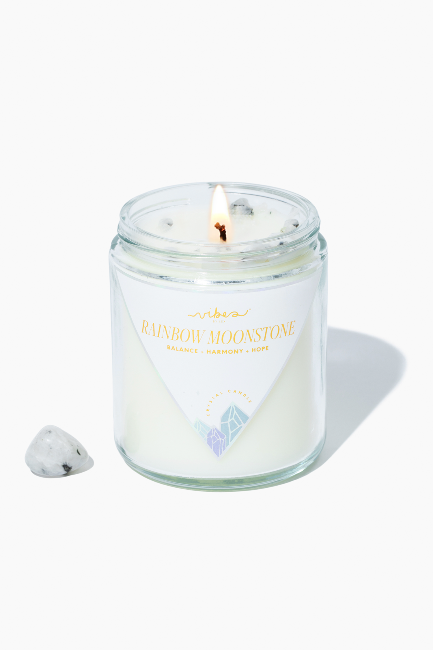 7.5oz. Crystal Candle - Rainbow Moonstone - Balance + Hope + Harmony Vibes Candles™