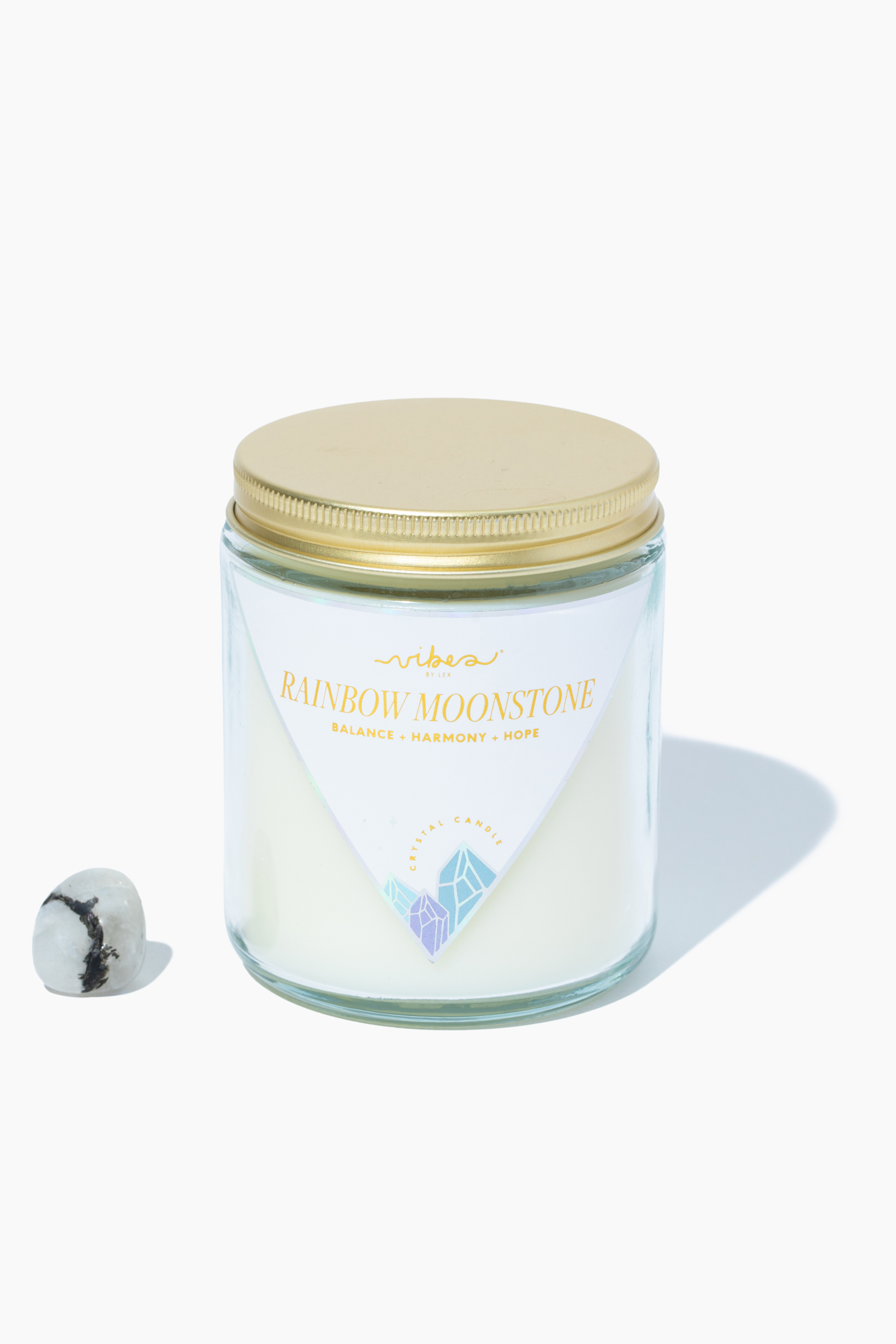 7.5oz. Crystal Candle - Rainbow Moonstone - Balance + Hope + Harmony Vibes Candles™