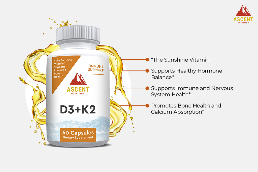 D3 + K2, 60 Capsules, 125 mcg D3 + 100 mcg K2 Ascent Nutrition