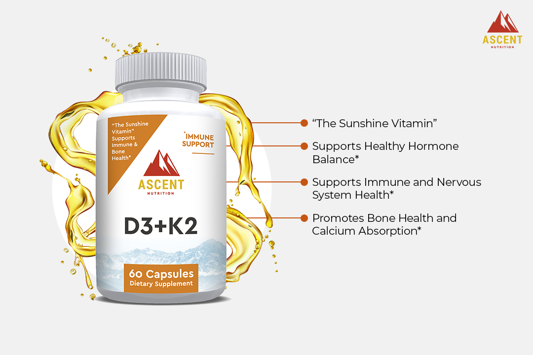 D3 + K2, 60 Capsules, 125 mcg D3 + 100 mcg K2 Ascent Nutrition