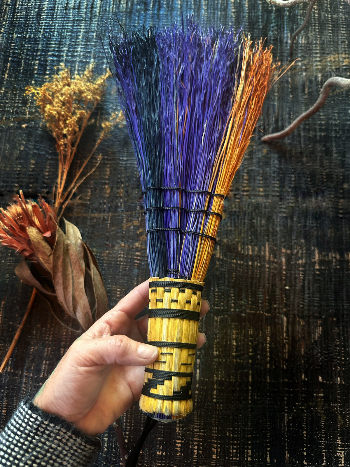 Hand Dyed, Woven Handle Stitched Hand Broom Keven Craft Rituals