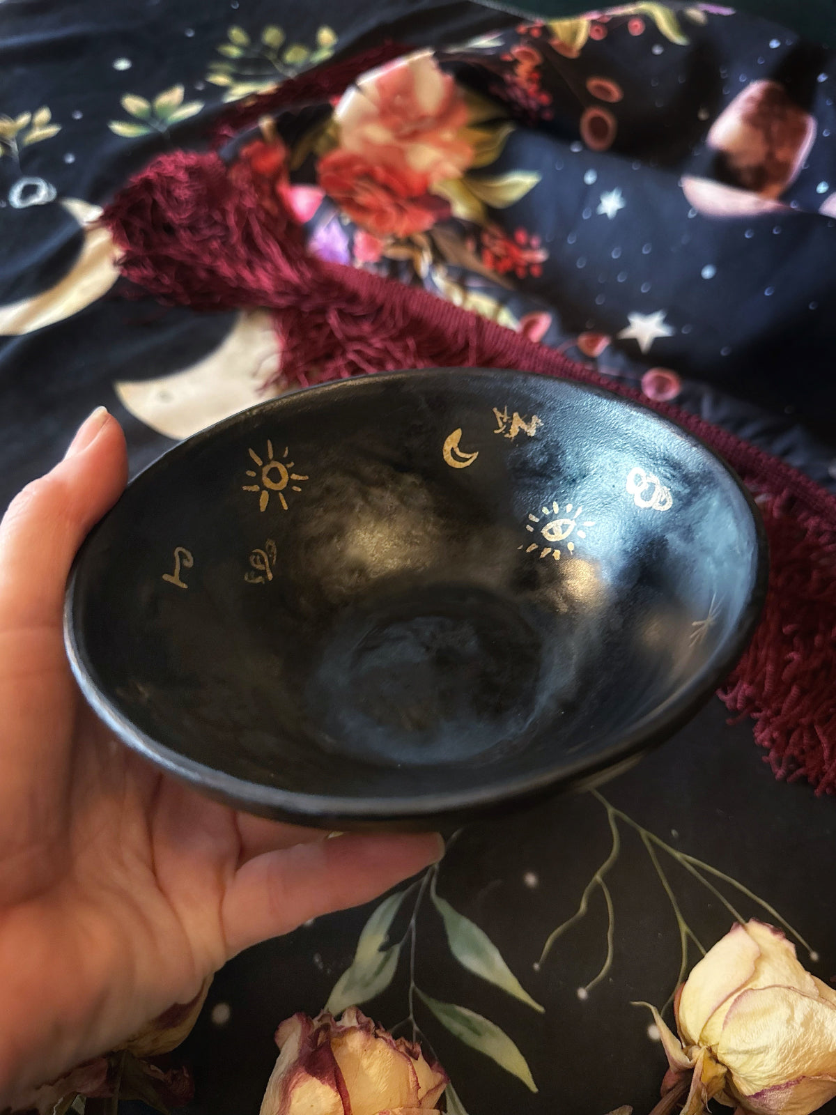 Matte Black Dishes w/ Gold Luster Witches Runes - For Scrying or Dinnerware Keven Craft Rituals