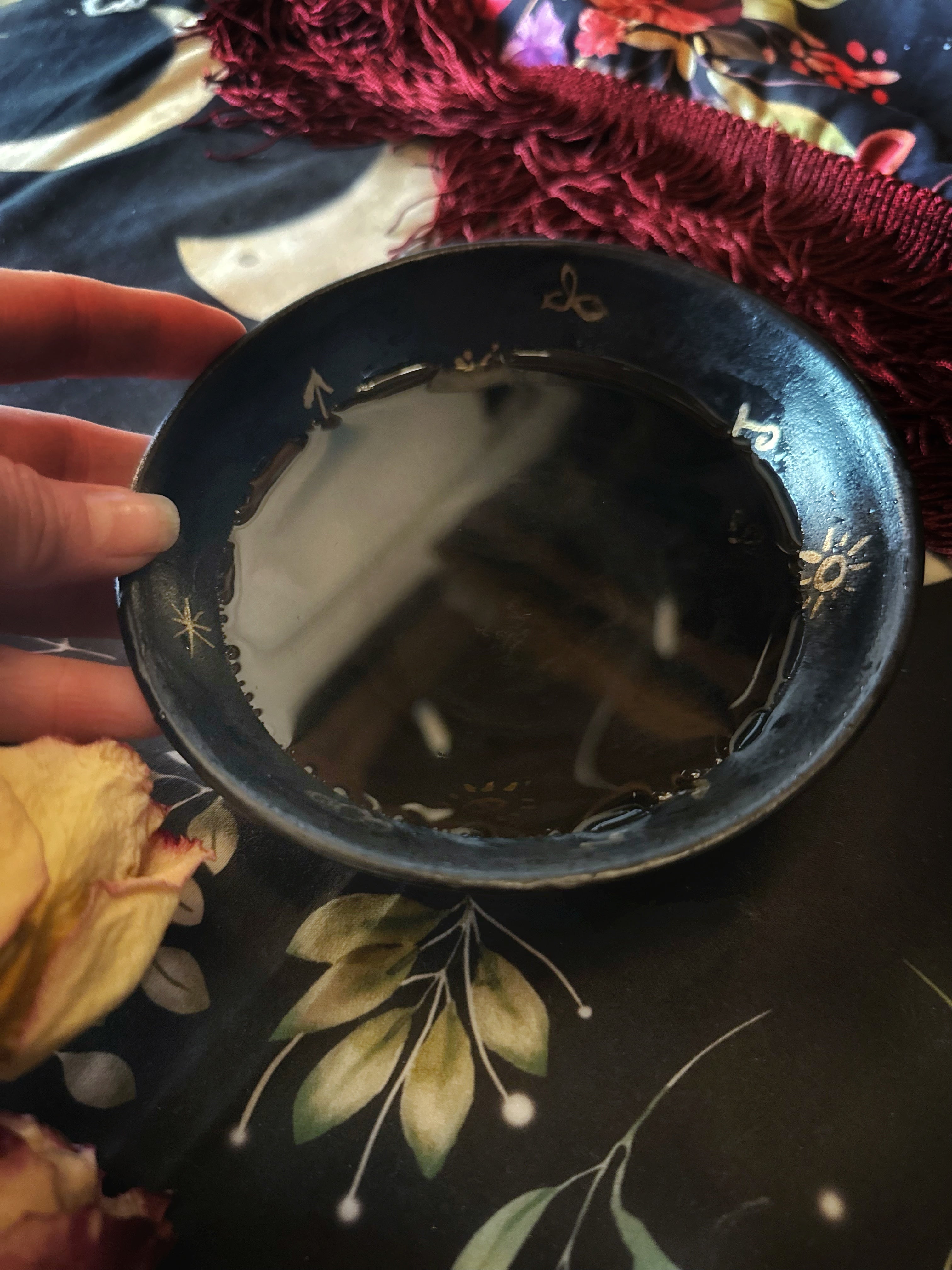 Matte Black Dishes w/ Gold Luster Witches Runes - For Scrying or Dinnerware Keven Craft Rituals