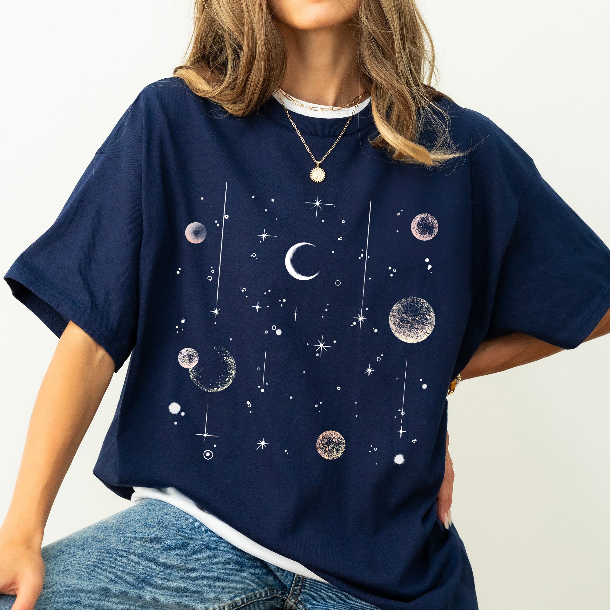 Celestial Moon Phase Astrology Boho Oversized Vintage Subtle Cosmic Print Comfort Colors Tee Refinery No. 1